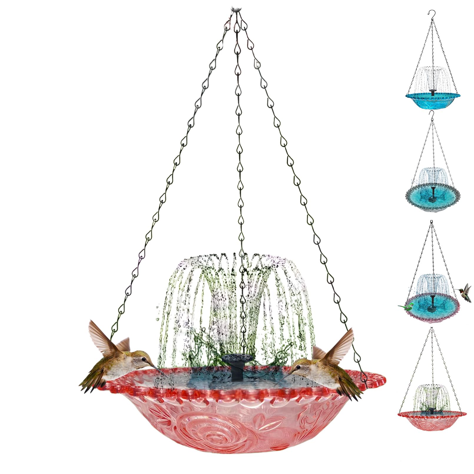 Solar Cascade Hanging Bird Bath Fountain, 2026 New Outdoor Hanging Bird bath with Solar Pump and Glass Bowl, Hummingbird Birdbath Water Fountain for Garden, Patio, Porch (Pink)