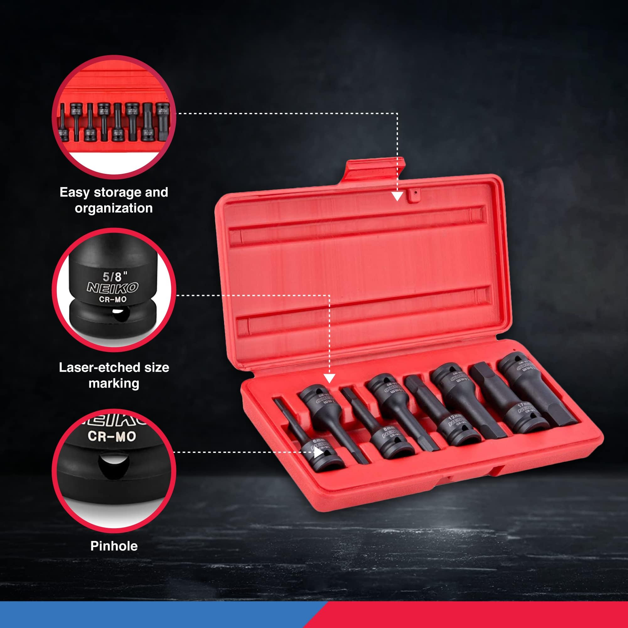 Neiko 01136B 1/2-Inch Drive Allen Hex Impact Socket Set, Metric, 6