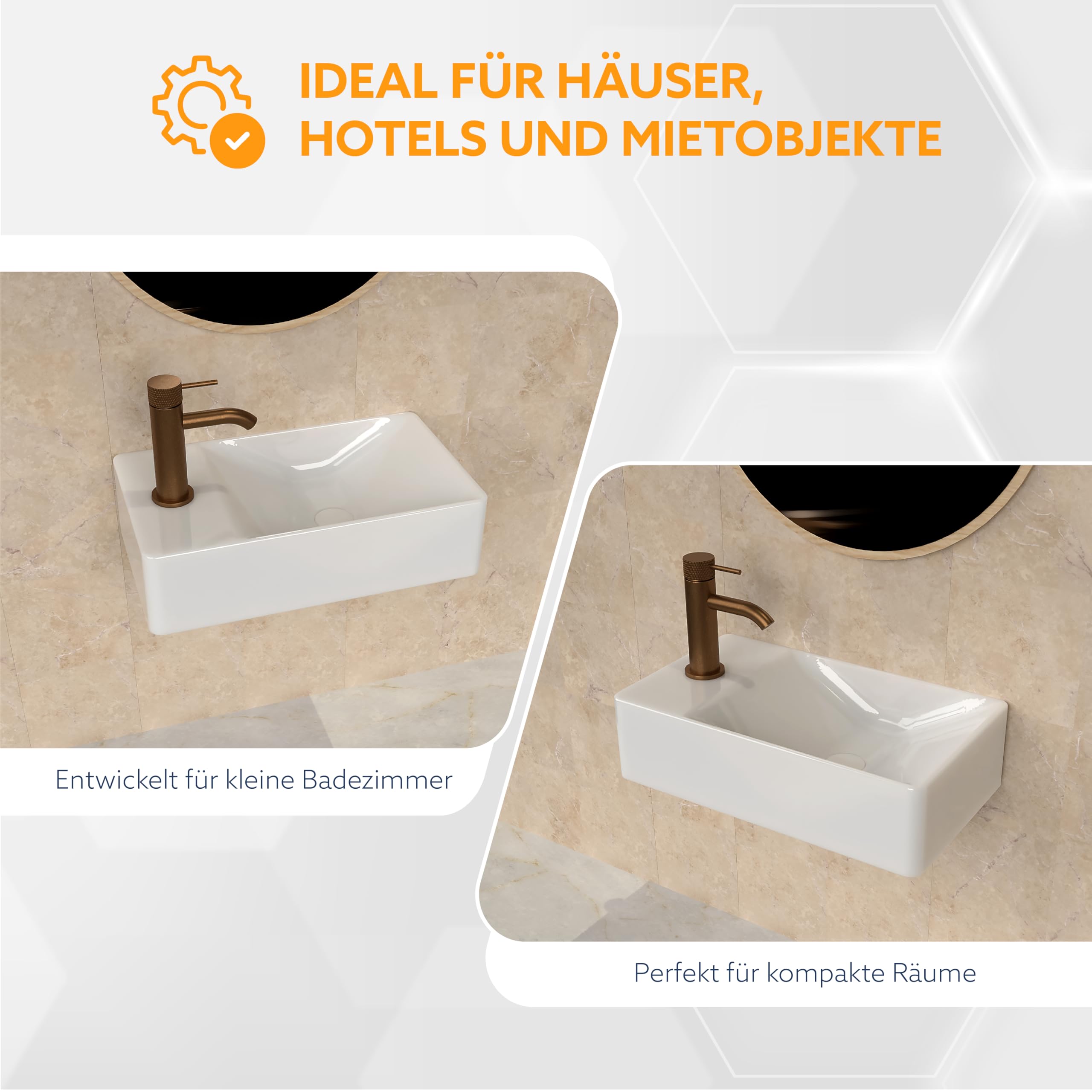 HOGART lavabo pequeño baño 38x22 cm, lavabo cerámica rectangular, lavabo suspendido pared o sobre encimera, con orificio para grifo, sin rebosadero, aseo invitados moderno (38x22 cm (R))