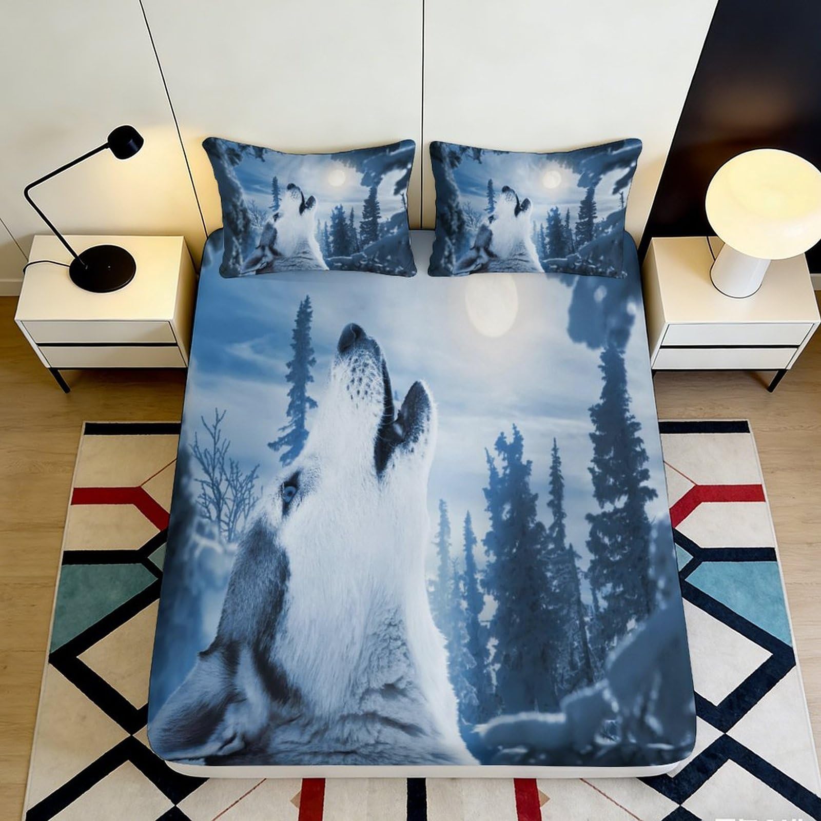 3D Printed Howling Wolf Fitted Sheet Microfiber Soft Blue Forest Mattress Cover for Bedroom Dorm Decor 90x200x25cm