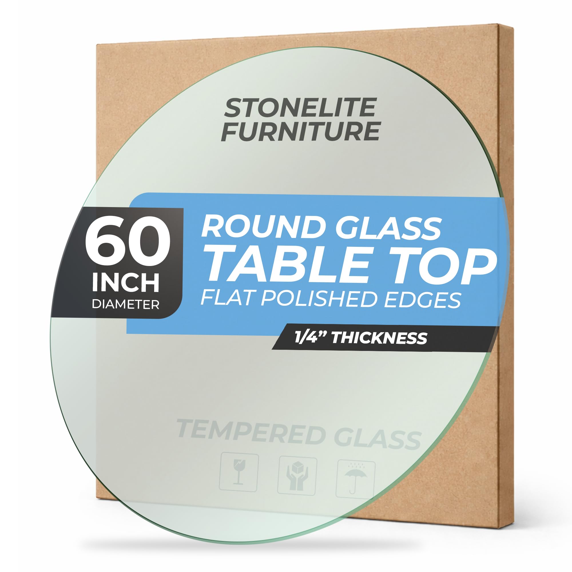 60" inch round tempered glass table top - 1/4 inch thickness & flat polished edge - clear surface & scratch resistant - ideal for dining room, kitchen, side, office, patio & round coffee tables