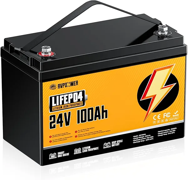 Rvpozwer 24V 100Ah LiFePO4 Battery, Built-in 100A BMS, 2560Wh Deep Cycle, 20000+ Cycles, Compact and Lightweight Lithium Battery for Trolling Motor, RV, Marine, Solar, Off-Grid, Home Storage
