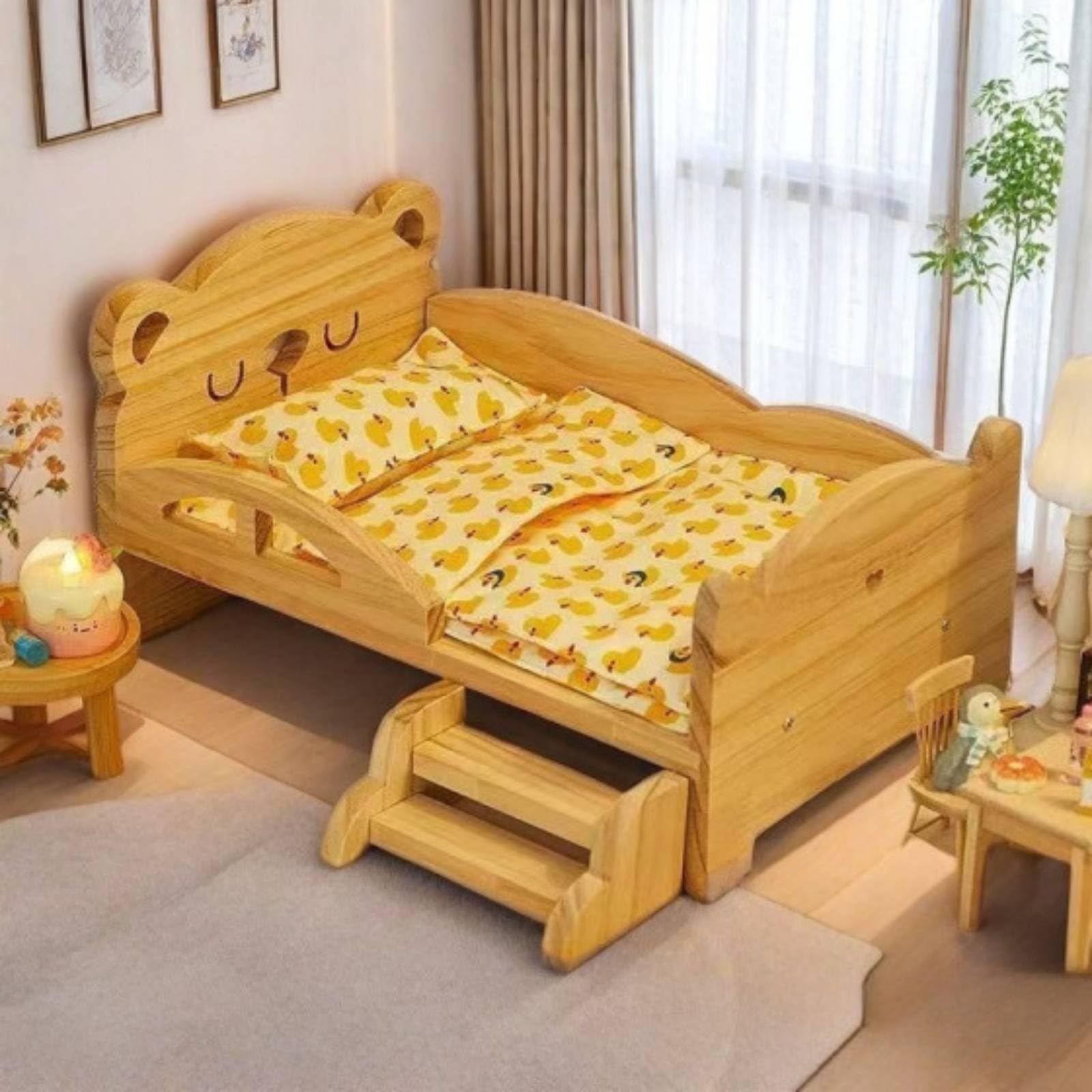 Letto per Bambole Letto Bambola Culla Giocattolo Mobili Bambole in Legno Stile Tradizionale con Alte per Giochi di Ruolo, Letto Singolo Orsetto + Piumino Anatroccolo