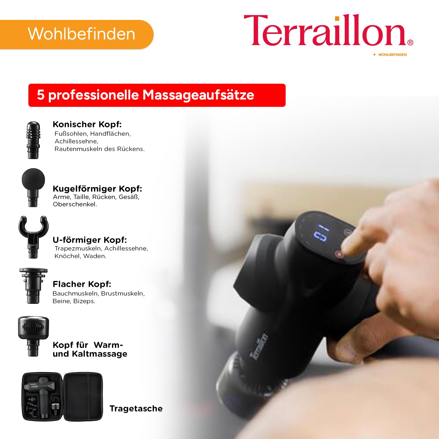 TERRAILLON - GUN MASSAGER EXPERT - Multizonen-Massagepistole, 20 Geschwindigkeiten 2800-3200 RPM, Digitalanzeige, Integrierter Timer, 5 Silikonaufsätze, davon 1 warm-kalt, USB-C, inkl. Etui, Schwarz