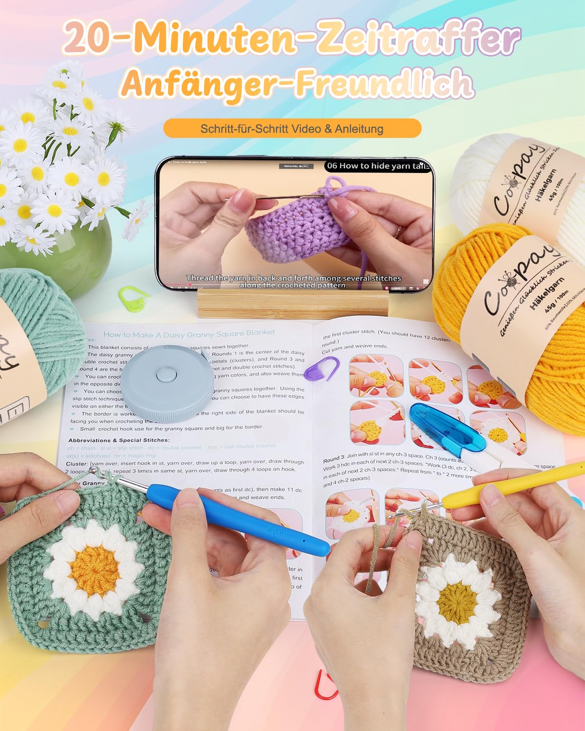 Coopay Kit Crochet Debutant Complet pour Granny Square avec 22 Pelotes de Laine Crochet à Crocheter Couverture à Marguerites, Livret en Français, Vidéo Tutoriel, Cadeau de Crochets Tricot
