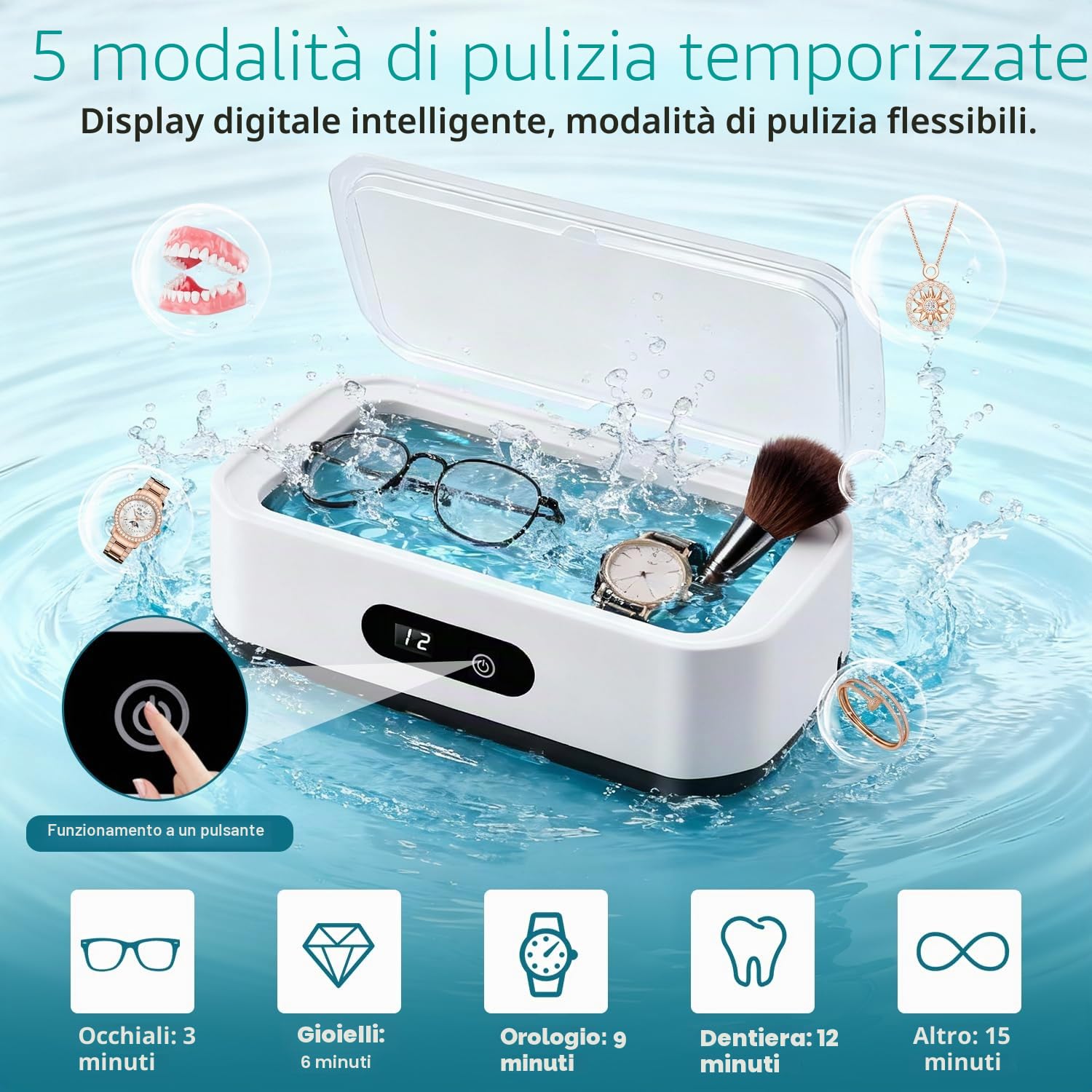 Pulitore Ultrasuoni, 48000 Hz Lavatrice Ultrasuoni 650ml con 5 Funzioni di Temporizzazione,Ultrasonic Cleaner per Apparecchio Denti, Protesi Dentali, Maschere Denti, Gioielli, Bianco