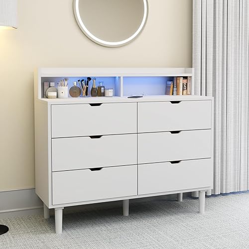 Bonzy Home Cómoda moderna de 6 cajones con estación de carga, cómoda de madera con luz LED para armario, pasillo, sala de estar, entrada, color disponible en Yaxa Costa Rica