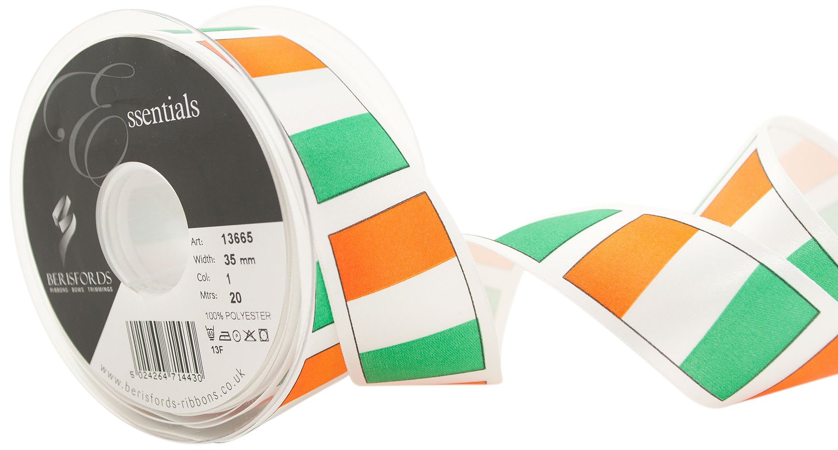 Berisfords 13665 20 m x 35 mm Irish Tricolour Printed Ribbon, Orange/White/Green