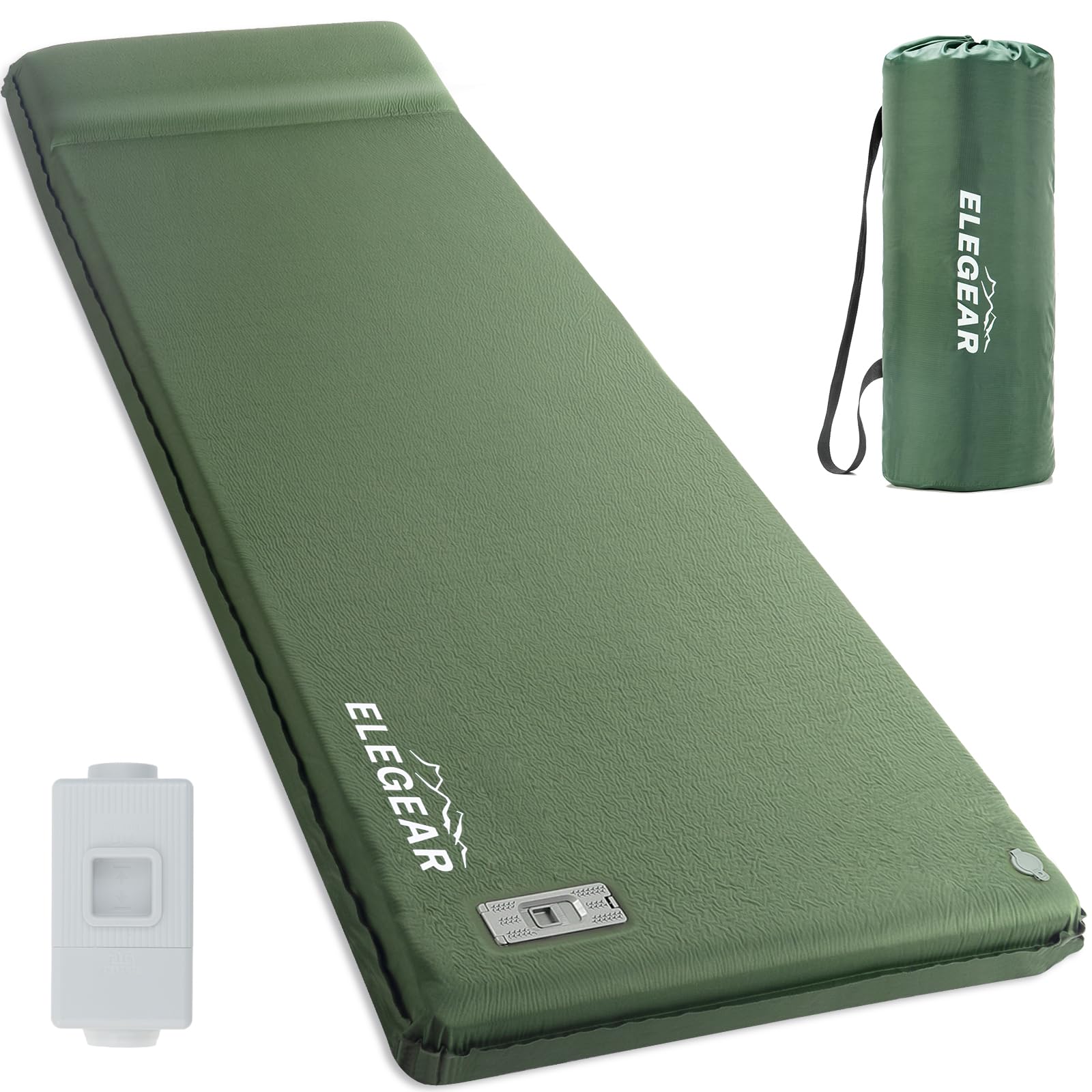 Photo 1 of Elegear CumbreX™ Self Inflating Sleeping Pad, Built-in Electric Pump 3.15" Ultra-Thick Memory Foam Camping Mattress with Pillow Sleeping Pad for Camping R-Value 9.5 Foam Camping Pad Army Green Single