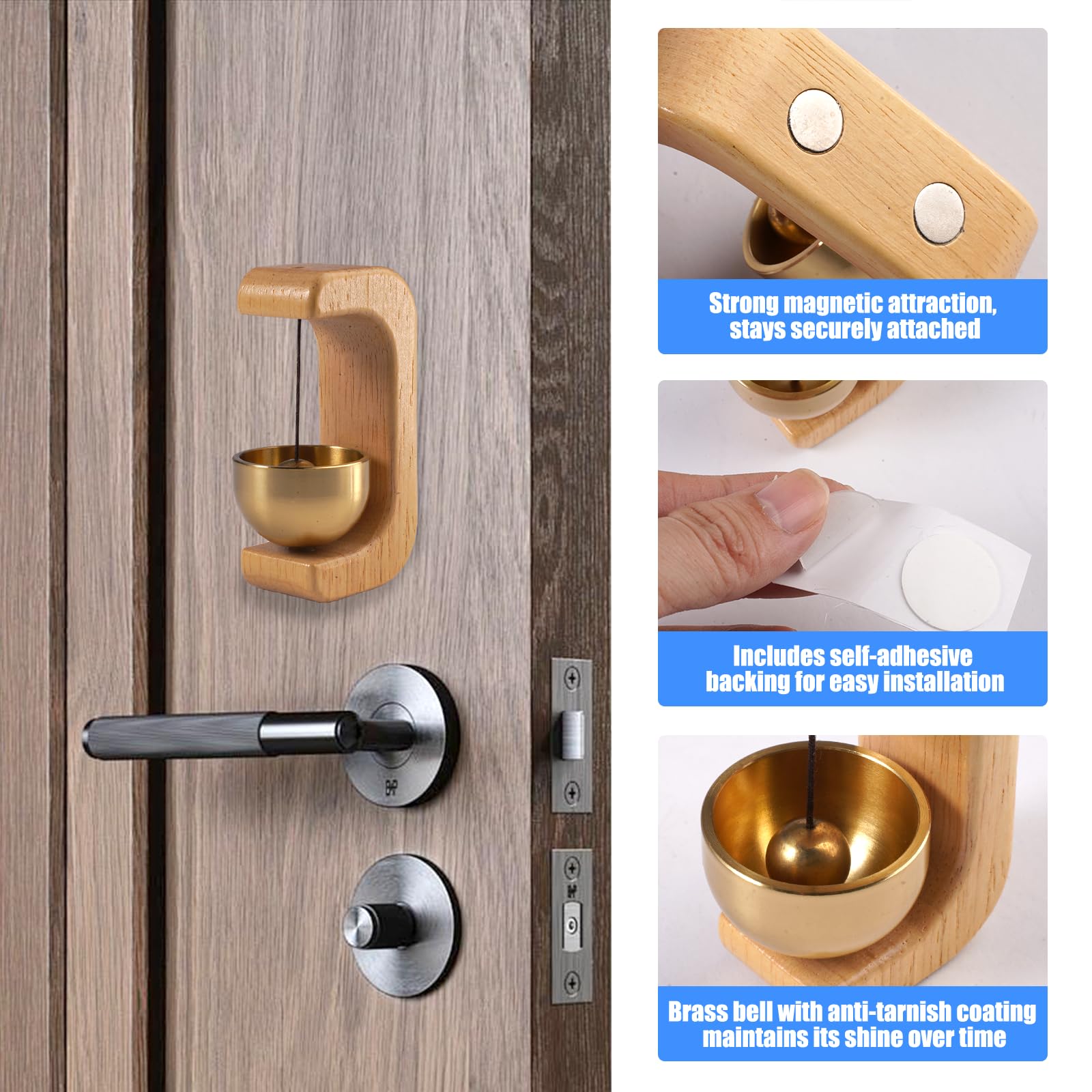 Timbre Magnético para Comerciantes, Timbre Magnético Puerta con Cinta de Doble Cara, Campanilla de Tienda de Madera en Forma de C para Decoración Hogar, Tienda, Refrigerador, Puertas, Entrada — view 3