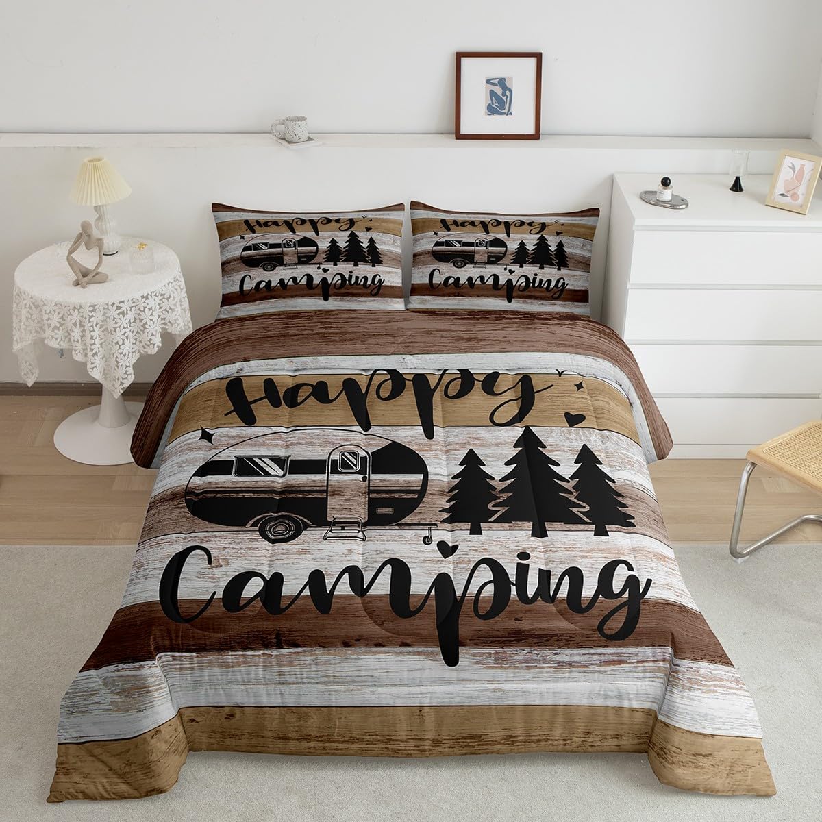 Boys Happy Camping Comforter Set Queen Size Western Farm Vintage Kids Bedding Set for Girls Teens Camper Comforter Camping Car Decor Quilt Set Bedroom Collection 3Pcs