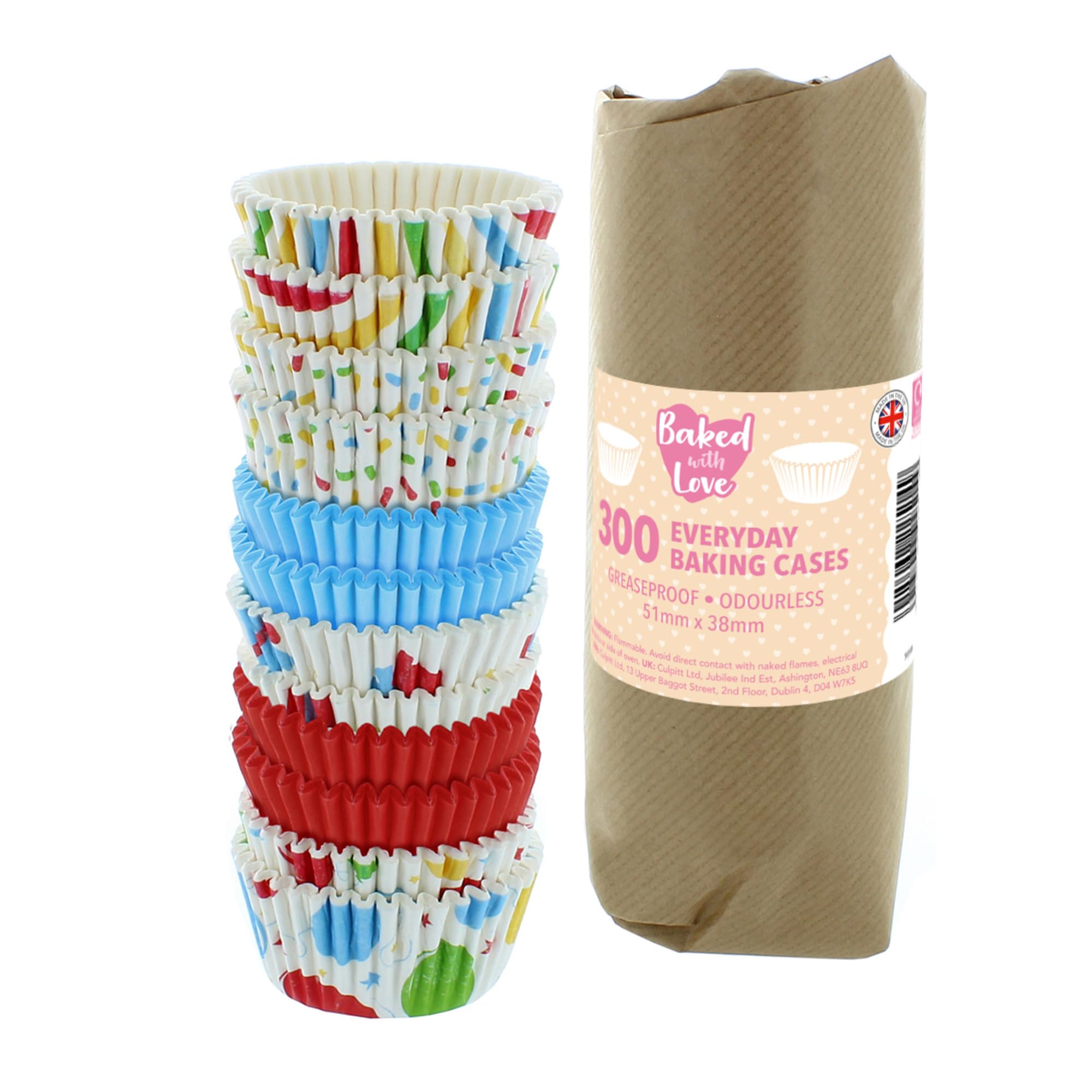 Baked With Love Blue,Multicoloured Birthday Cupcake Cases - 300-50Mm Baking Cups With Multicoloured Balloons, Presents, Stripes, Confetti, Greaseproof Paper Cases For Muffins And Cupcakes, Bulk Pack Of 300