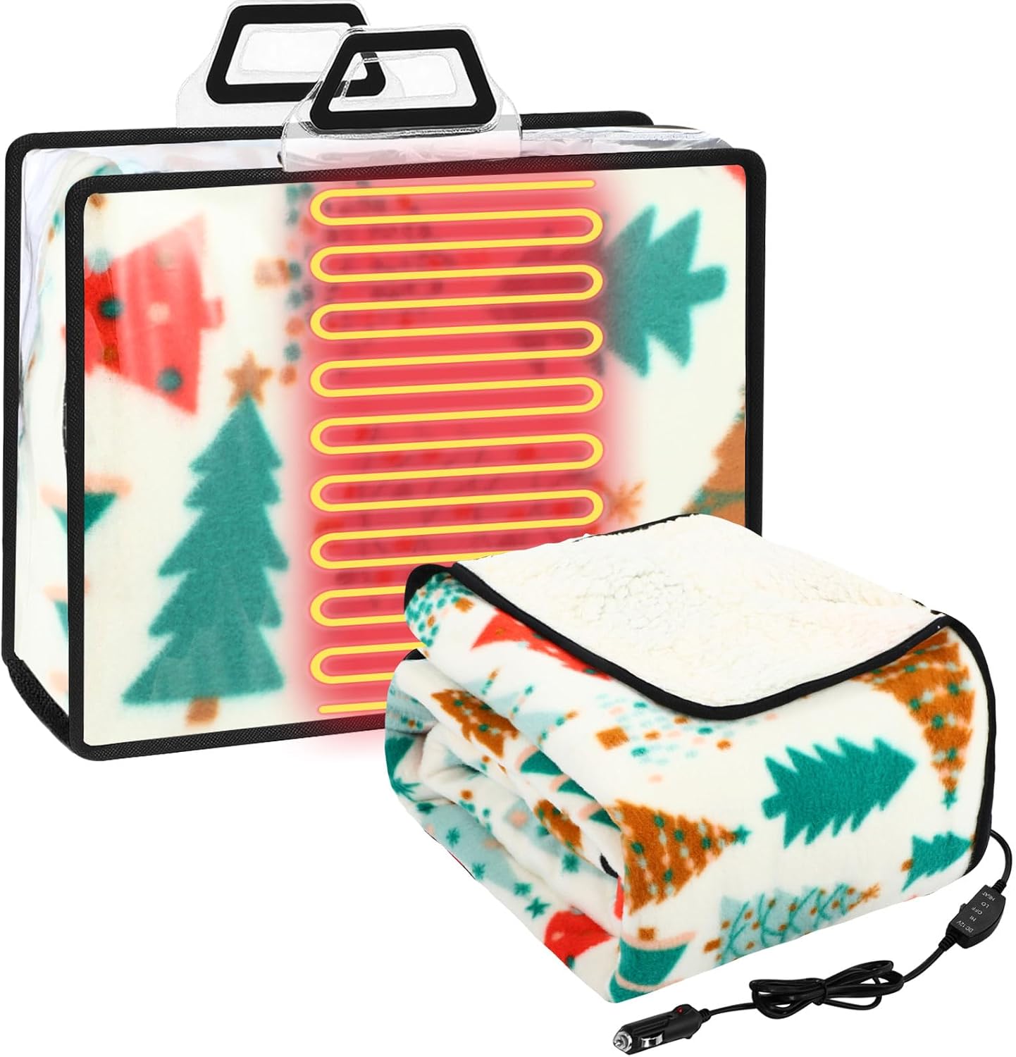 Riakrum 12v Car Heated Blanket 57"x43", Portable Electric Car Blanket with Storage Bag, Auto-Off Heat Control for Truck SUV Rv Winter Travel, Camping, Road Trips, Office, Gifts for Mother Day, Gray