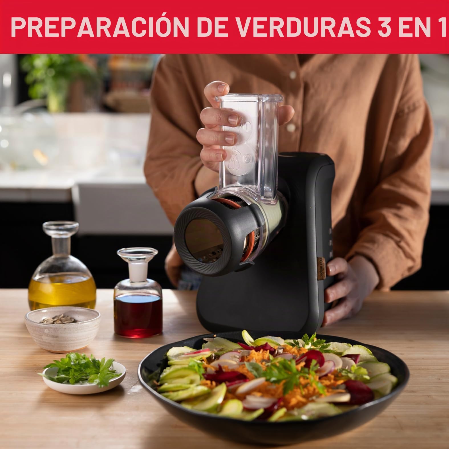 Moulinex Rallador Eco respect DJ77EN Rallador de alimentos de 200W, 3 conos para cortar en rodajas, tiras o rallar, rallador de queso, directo al plato, fabricado en Francia, 39% plástico reciclado
