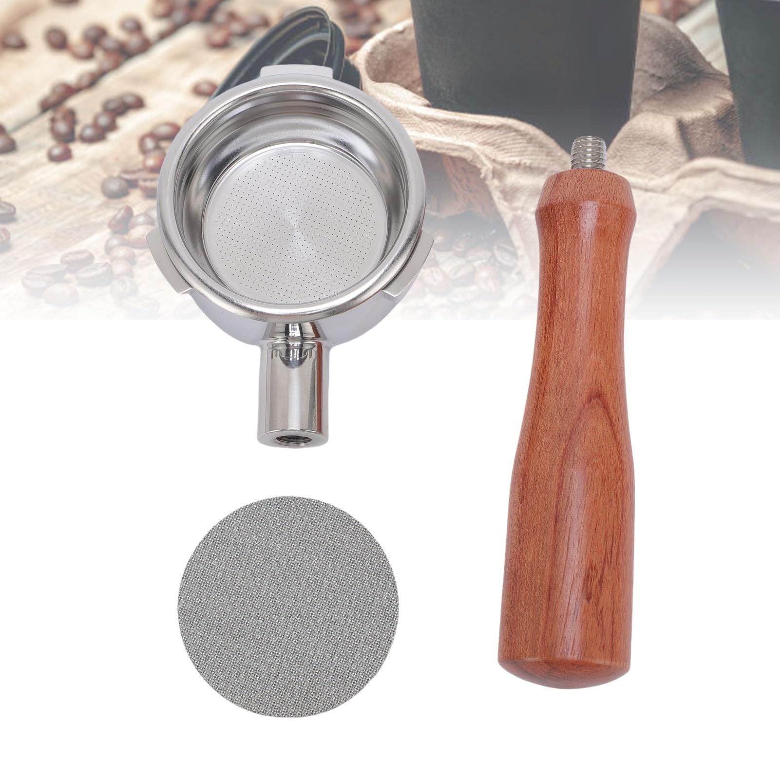 banapoy Portafiltro sin Fondo de 58 Mm para Petrus, Portafiltro de café Profesional de Acero Inoxidable de 3 Orejas con Ergonómico de Madera, Cesta de Filtro y Pantalla de Disco