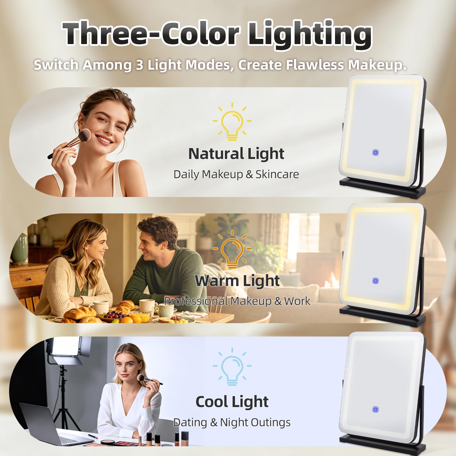 MantoLite Miroir de maquillage éclairé 40 cm pivotant 360° 3 couleurs commande tactile blanc