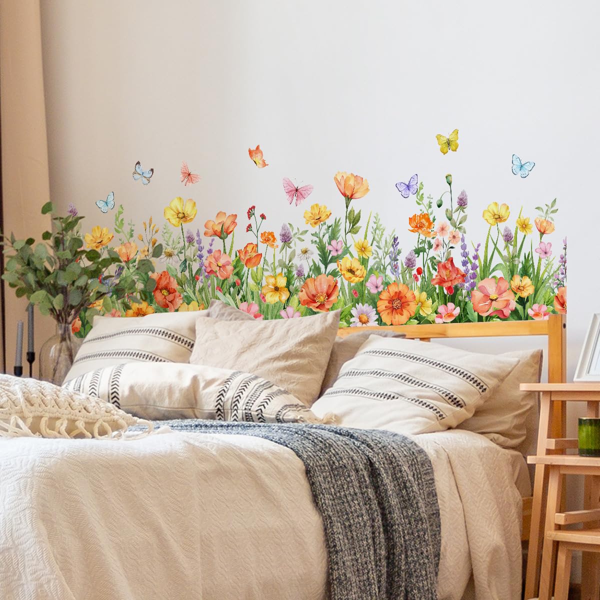 Fufuquare Colorful Flowers Wall Stickers Peel and Stick Vinyl Butterfly Wall Decals for Kids' Bedroom Living Room (Yellow)