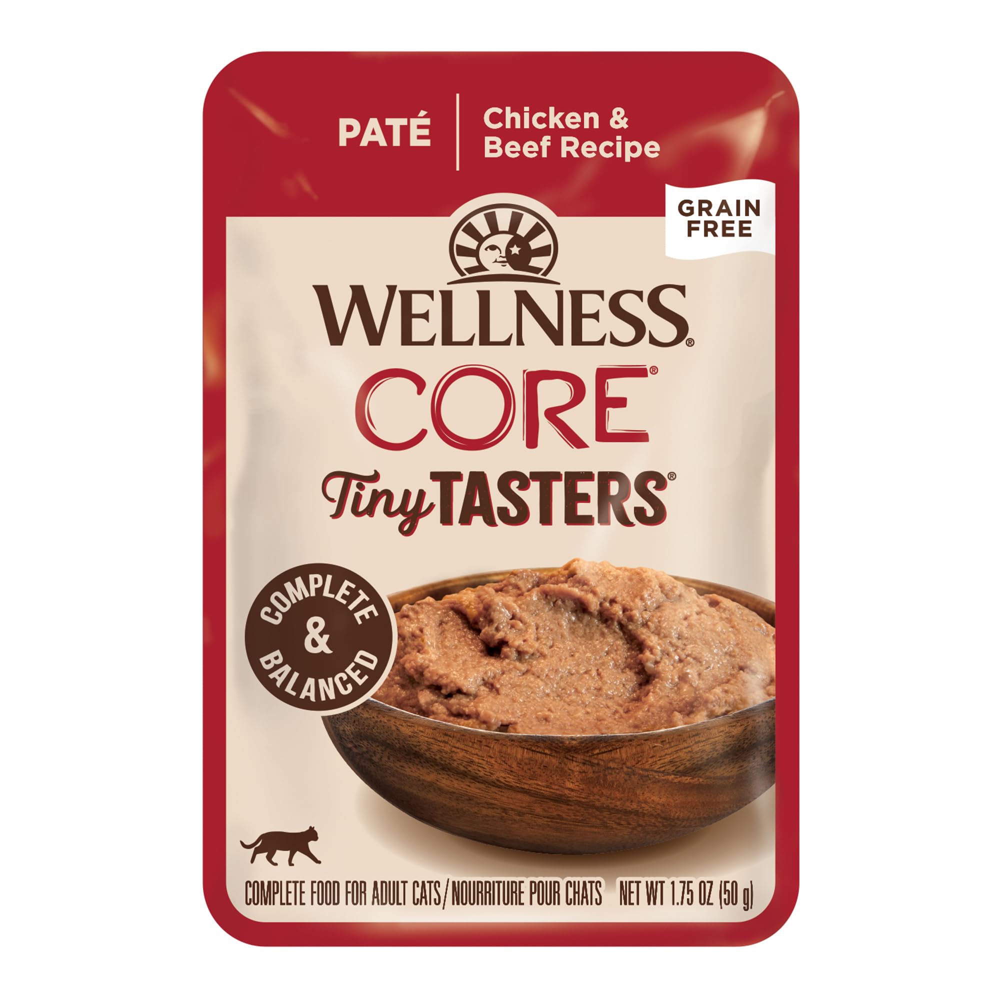 Wellness CORE Tiny Tasters Pate Adult Wet Cat Food, Natural, Protein-Rich, Grain Free, 1.75 Ounce Pouch, 12 Pack (Chicken & Beef)