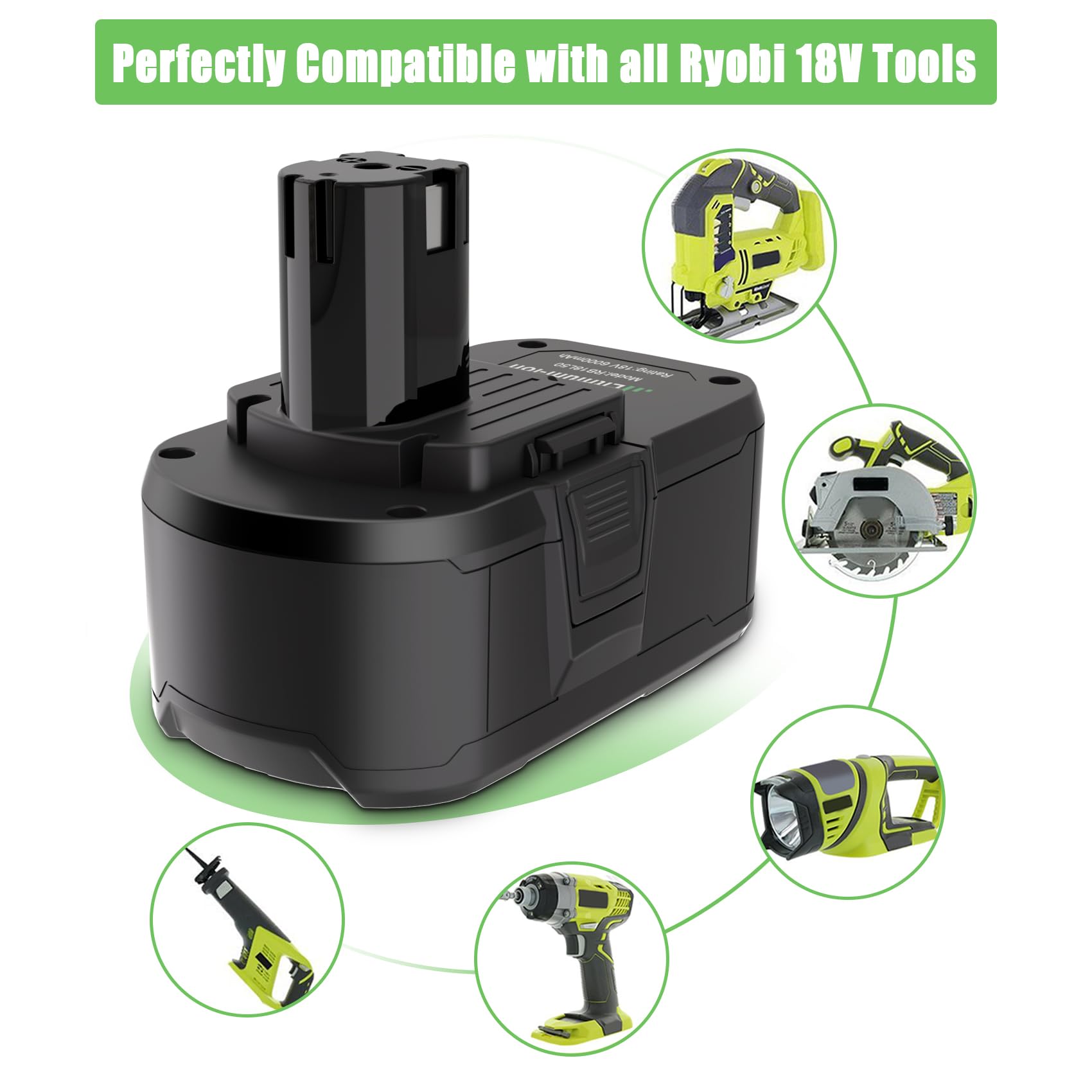 Paquete de 2 baterías de 18 V 6.0 Ah para batería Ryobi de 18 V, batería de litio de 18 V, compatible con batería Ryobi de 18 V, P197, P102, P108, P190, P103, P104, P105, P107, P109, 18 V,