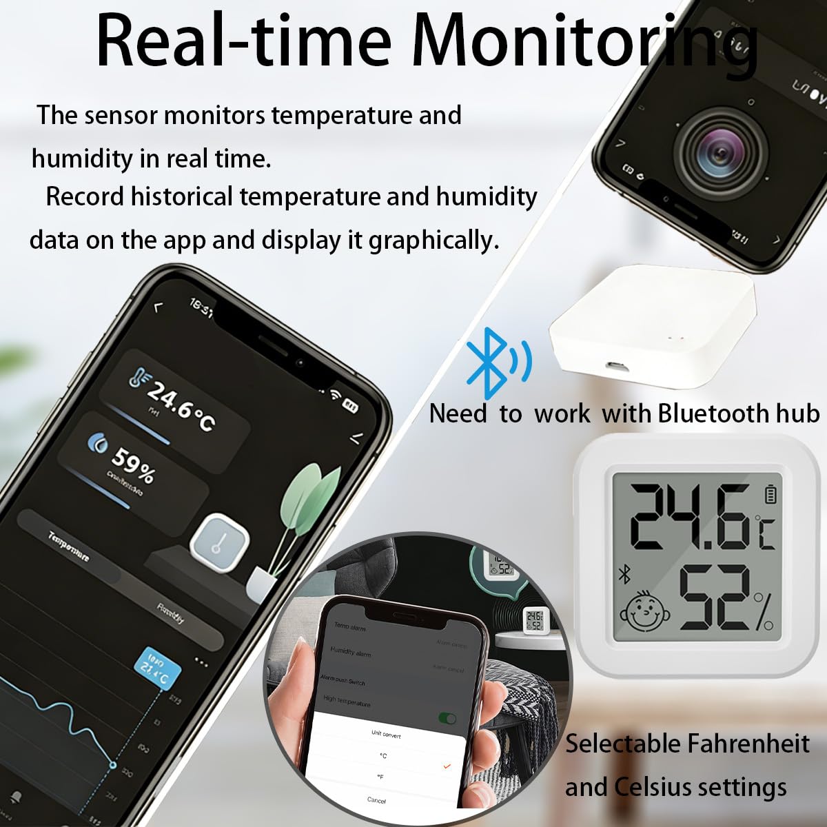 Termometr z higrometrem z Bluetooth, cyfrowy higrometr pokojowy, wskaźnik temperatury i zapisywanie danych w aplikacji Smart App, do szklarni dla niemowląt, garażu i biura