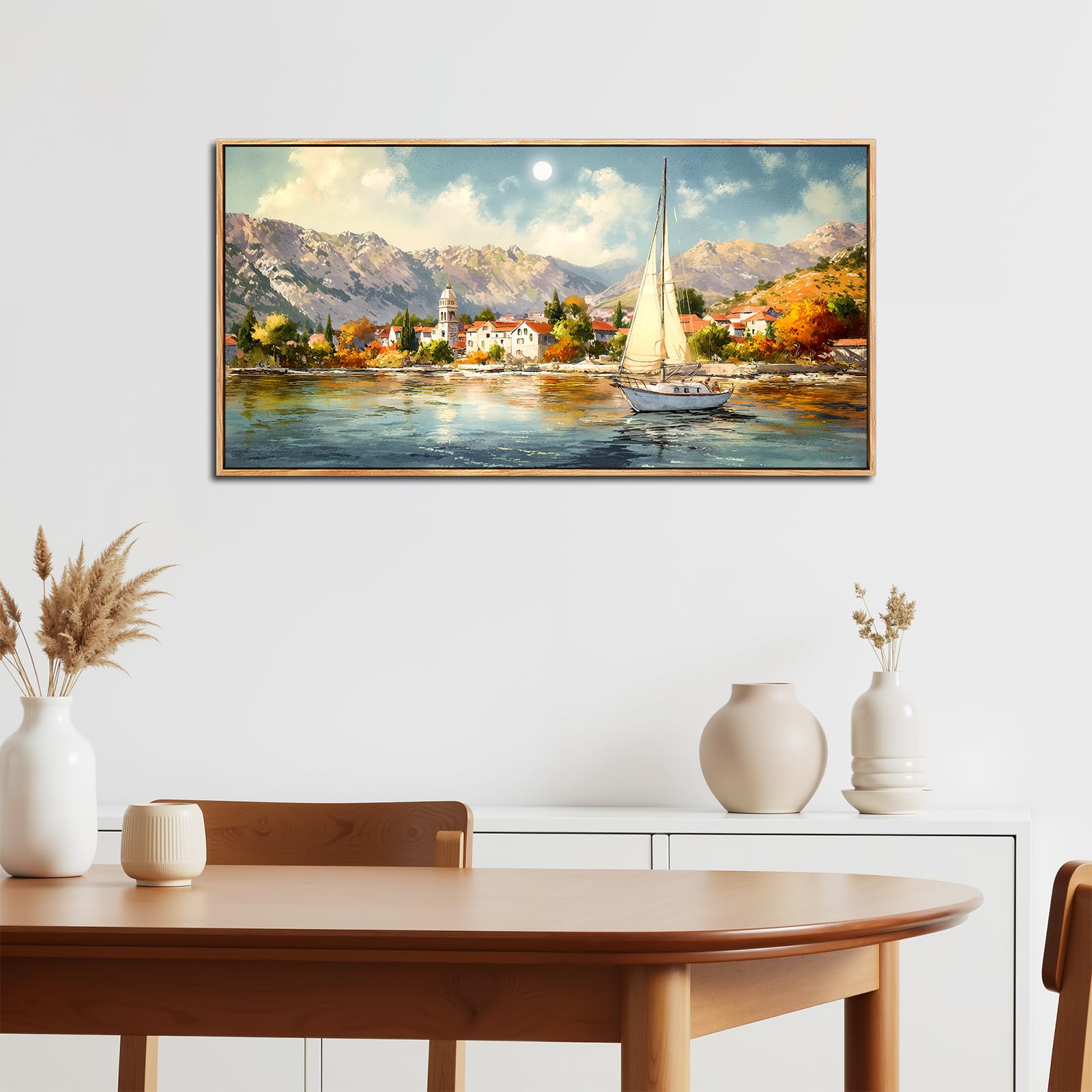 SERIMINO Modern Wandbild mit Rahmen Vintage Landschaft Bilder 50x100 cm | Küstenstadt Segelschiff Wanddeko, Hd Druck, Massivholzrahmen, Einfache Montage, Mehrgrößen Mehr, Vielseitig Einsetzbar