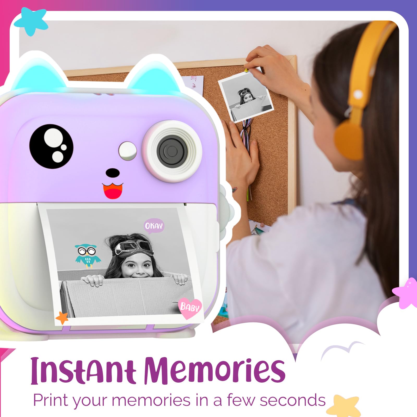 TinyGeeks Instant Camera voor kinderen, 1080p HD, 48MP, 32G-kaart, Bluetooth, gratis app, 4 rollen printpapier, stickers, leuke filters, camera voor TinyGeeks Instant Camera voor kinderen, 1080p HD, 48MP, 32G-kaart, Bluetooth, gratis app, 4 rollen printpapier, stickers, leuke filters, camera voor