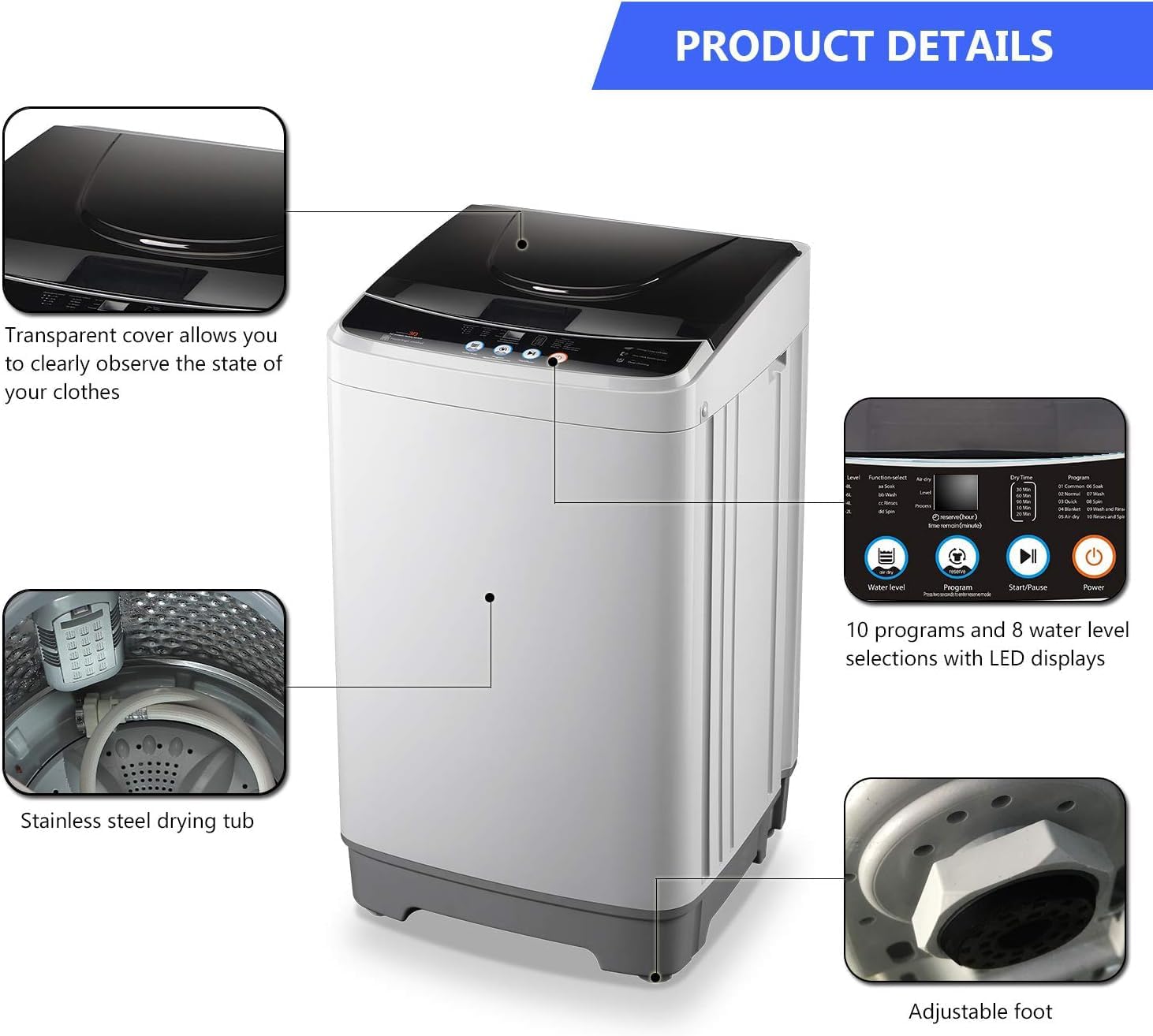 WANAI Full-Automatic Washing Machine 10lbs Portable Compact 2 in 1 Laundry Washer with Drain Pump, 10 Programs 8 Water Level Selections with LED Display, Ideal for Dorm Apartment and Camping