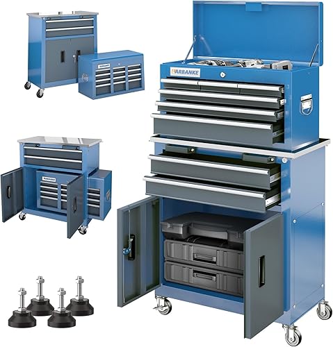 Miniatura 7 de LARBANKE Caja de herramientas portátil con 3 cajones y bandeja de almacenamiento superior, gabinete con cerradura de seguridad de acero, caja de