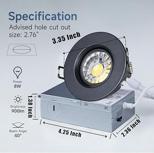 Miniatura 2 de ZYC Foco LED empotrable con cardán, luz de globo ocular, luz LED empotrable de 3 pulgadas, acabado negro, luz regulable con caja de conexiones, sin