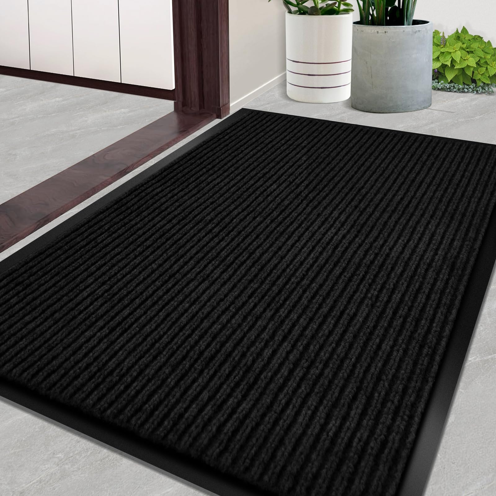 door mat heavy duty outdoor indoor doormat low profile front door mat large 23x35 inch jet black entrance welcome mats easy clean patio entrance mat waterproof anti-skid rubber backing ( needs cleaning)