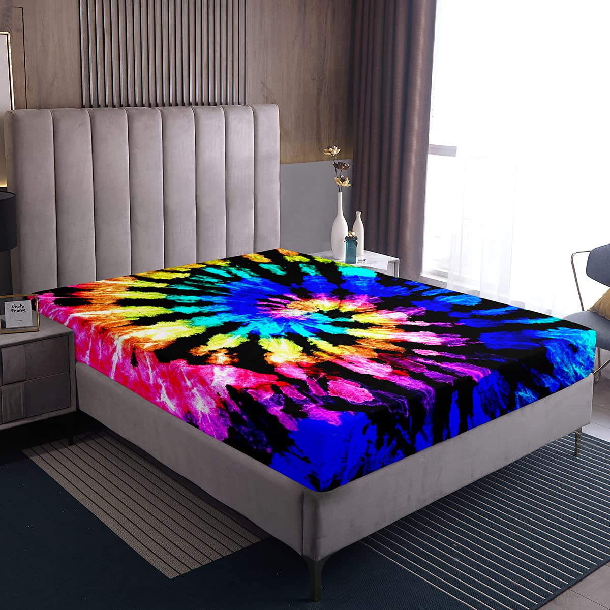 Loussiesd Tie Dye Fitted Sheet Single Boho Exotic Psychedelic Print Fitted Sheet Girls Women Chic Hippie Box Spring Bed Sheets Microfiber Bohemian Psychedelic Swirl Sheets