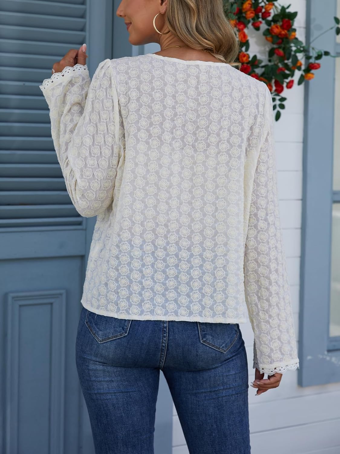 Women‘s Hollow Out Long Sleeve Fall Tops Button Down V-Neck Shirts Eyelet Blouse Boho Chic - Image 2