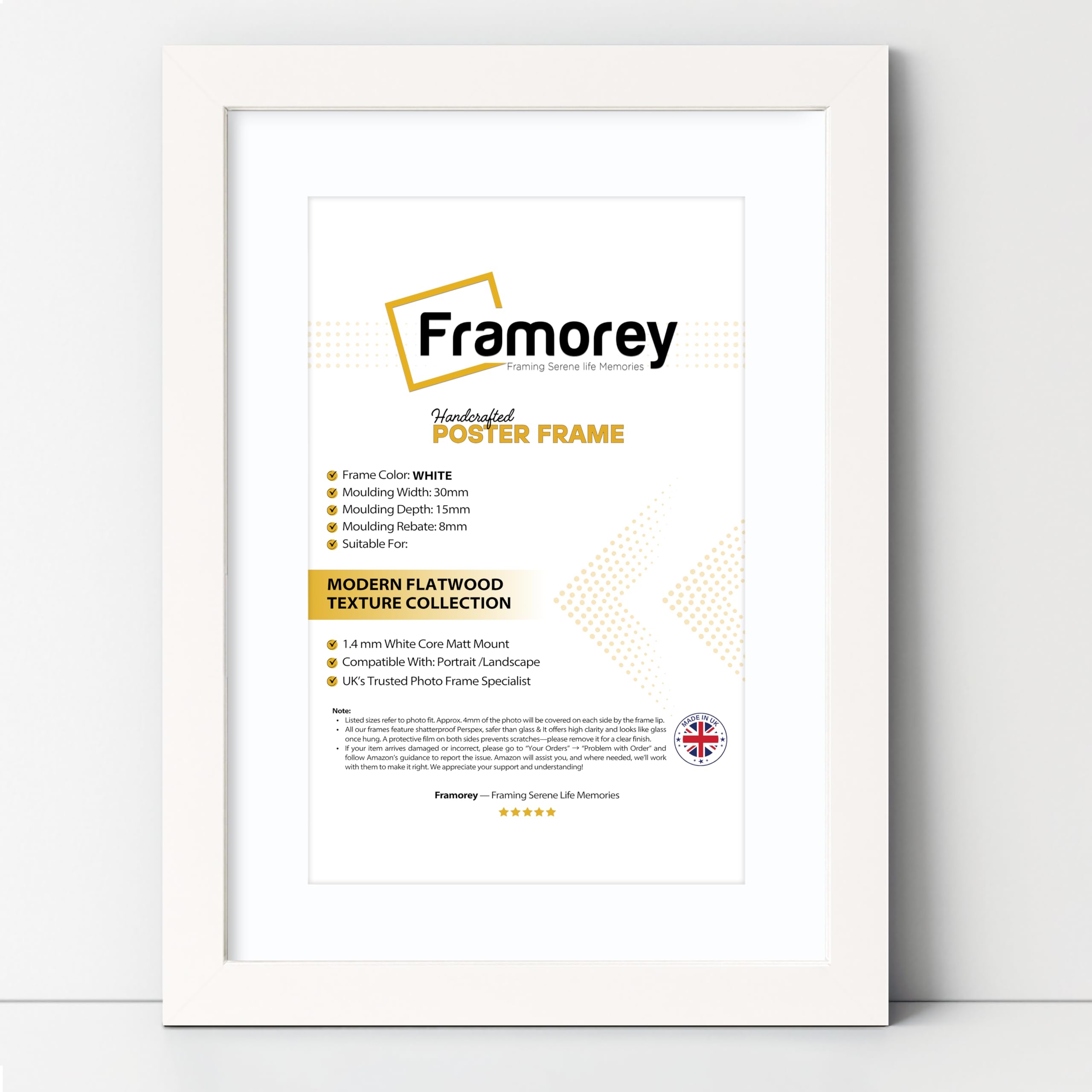 FRAMOREY Oxford Flat Wooden Effect Picture Frame, White 12x10 Size Photo Frame With 9x7 White Mount, Handmade Wall Art Poster Frame, Best Living Room Photo Frames