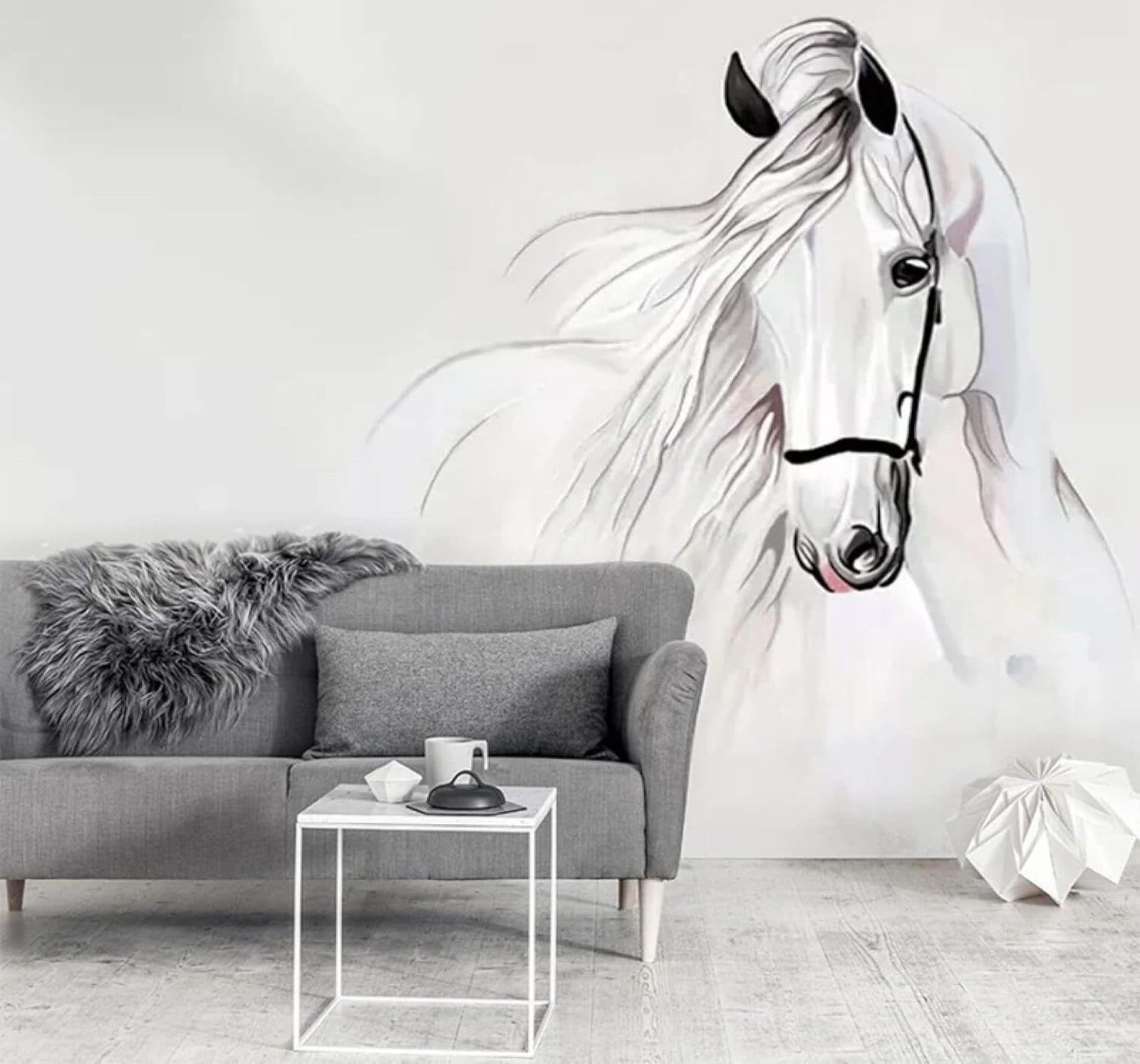 Papier peint 3D cheval blanc art abstrait pour une ambiance sereine