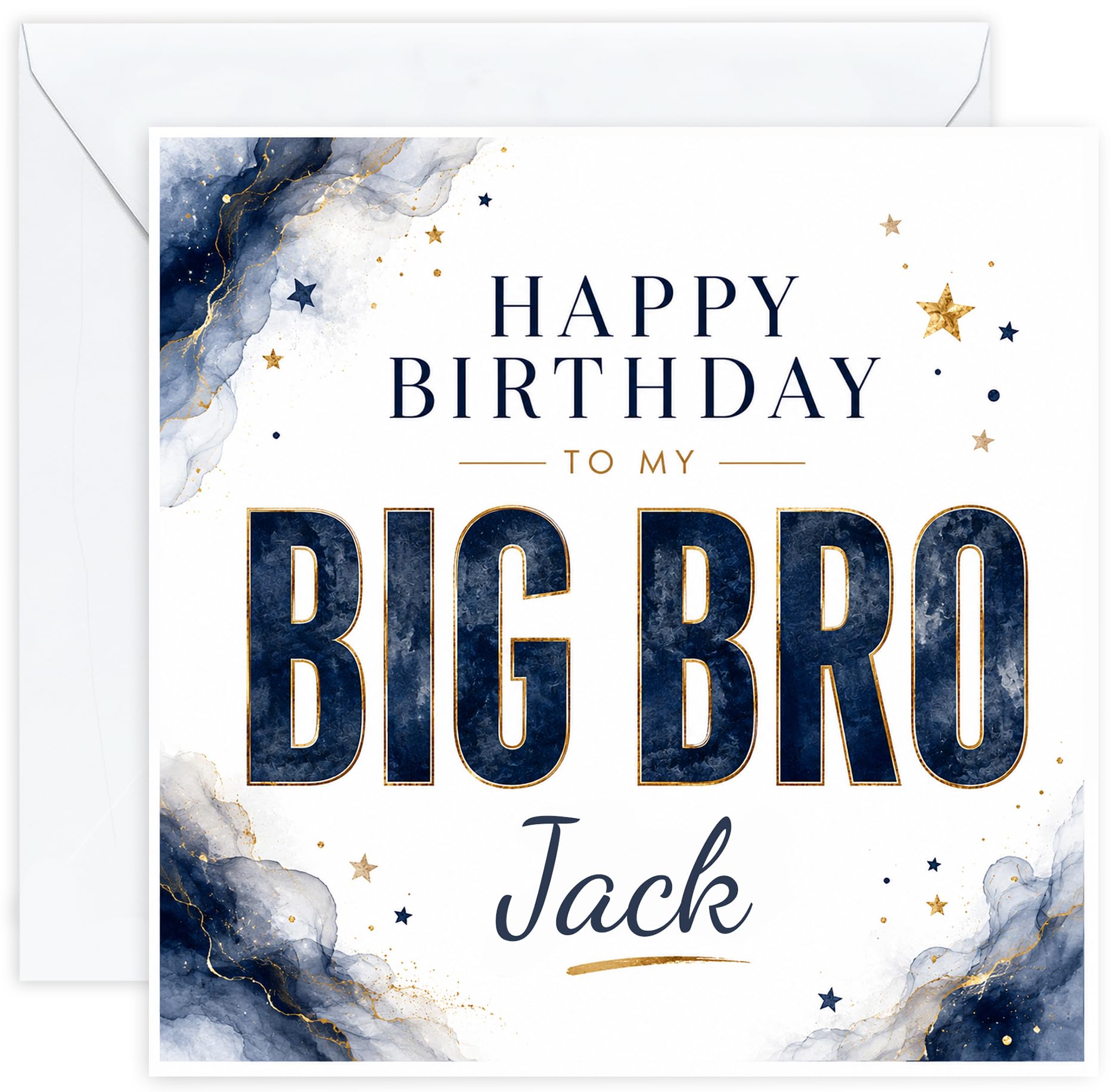 Personalised Birthday Card for Big Bro | Big Brother Birthday Card | Navy Blue & Gold Watercolour Design | Add His Name | Optional Inside Message (Design 03)
