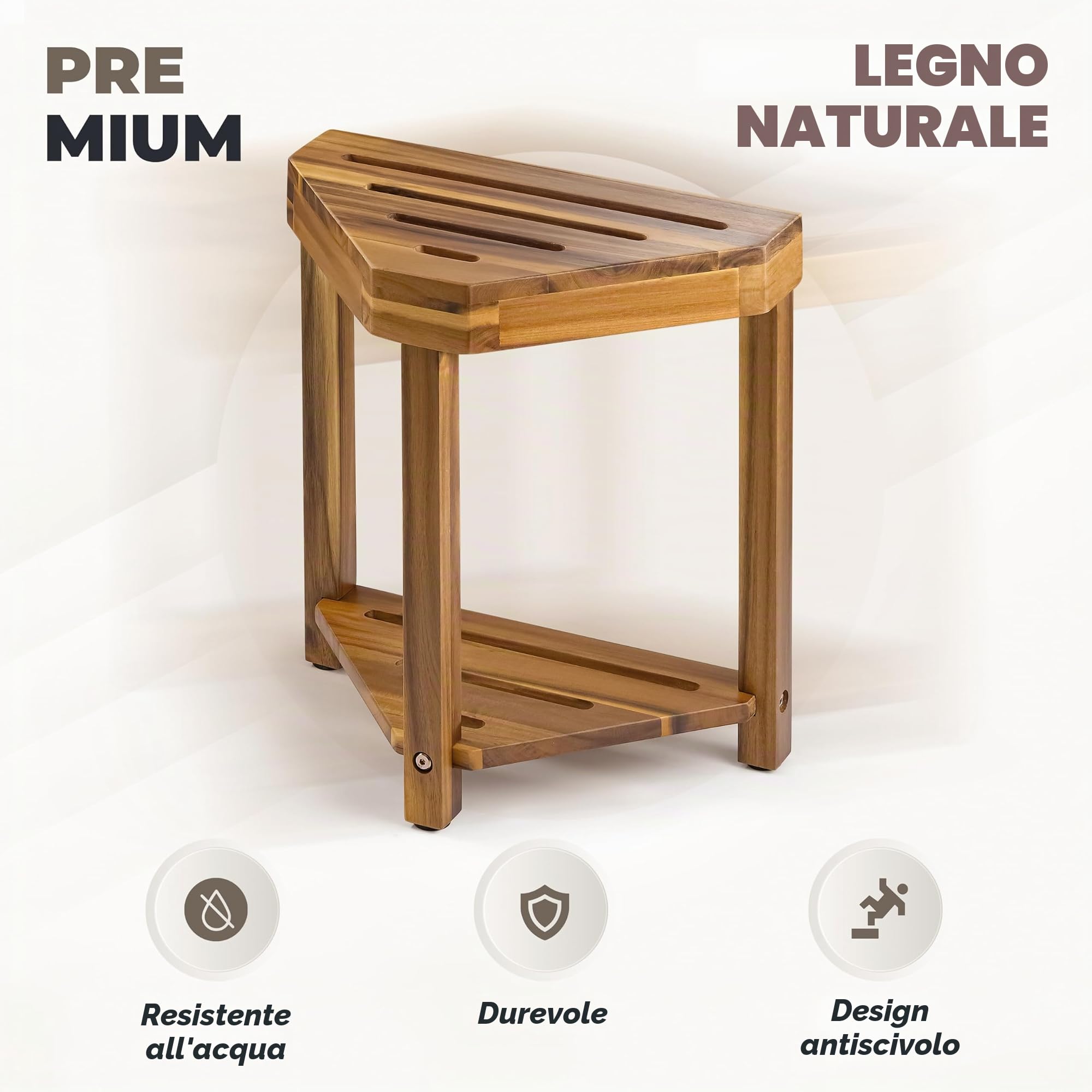 BLUEWEST Poggiapiedi per doccia, sgabello angolare da doccia, sgabello in legno per rasatura gambe all'interno della doccia, poggiapiedi impermeabile con ripiano portaoggetti per piccoli spazi doccia
