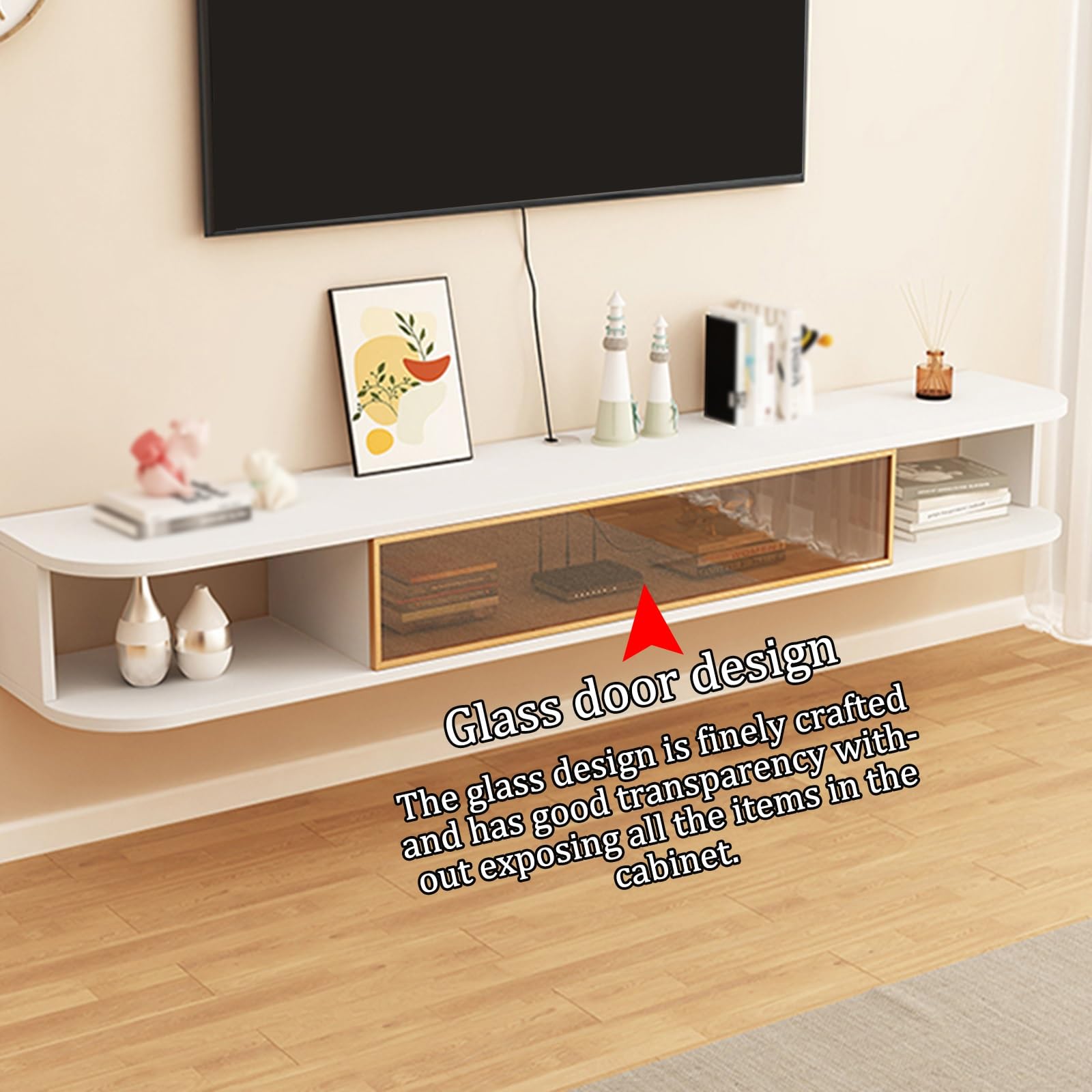 Mobile TV sospeso Moderno da Parete con Contenitore - Elegante Centro di intrattenimento per Soggiorno, Finitura Bianca, 160x24x20 cm, Design salvaspazio