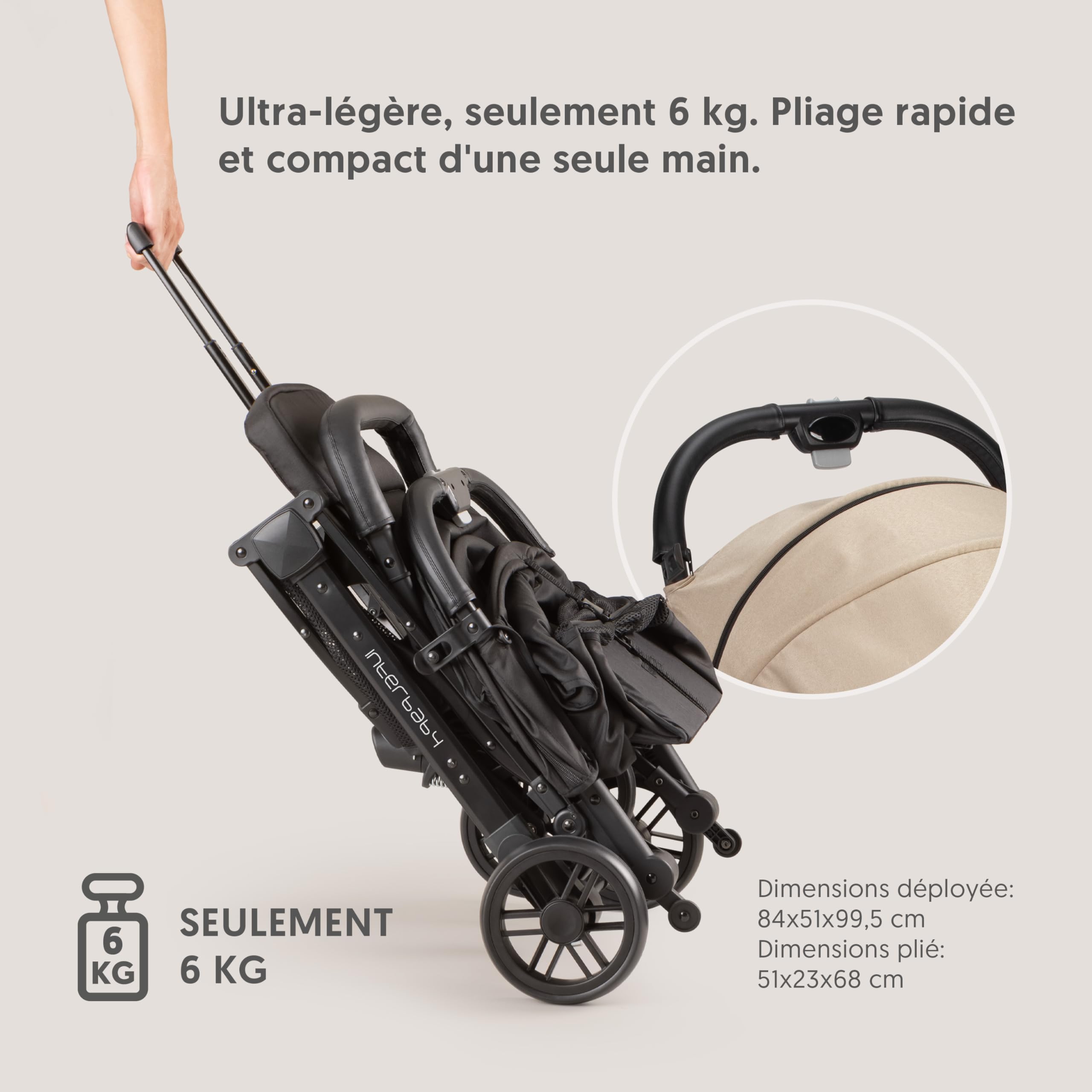 Interbaby Poussette Canne Compacte Légère Cabine Avion 22 kg (Beige) | Poussette pliage une main, cabine avion, capote XXL, dossier inclinable, suspension 4 roues, dès la naissance
