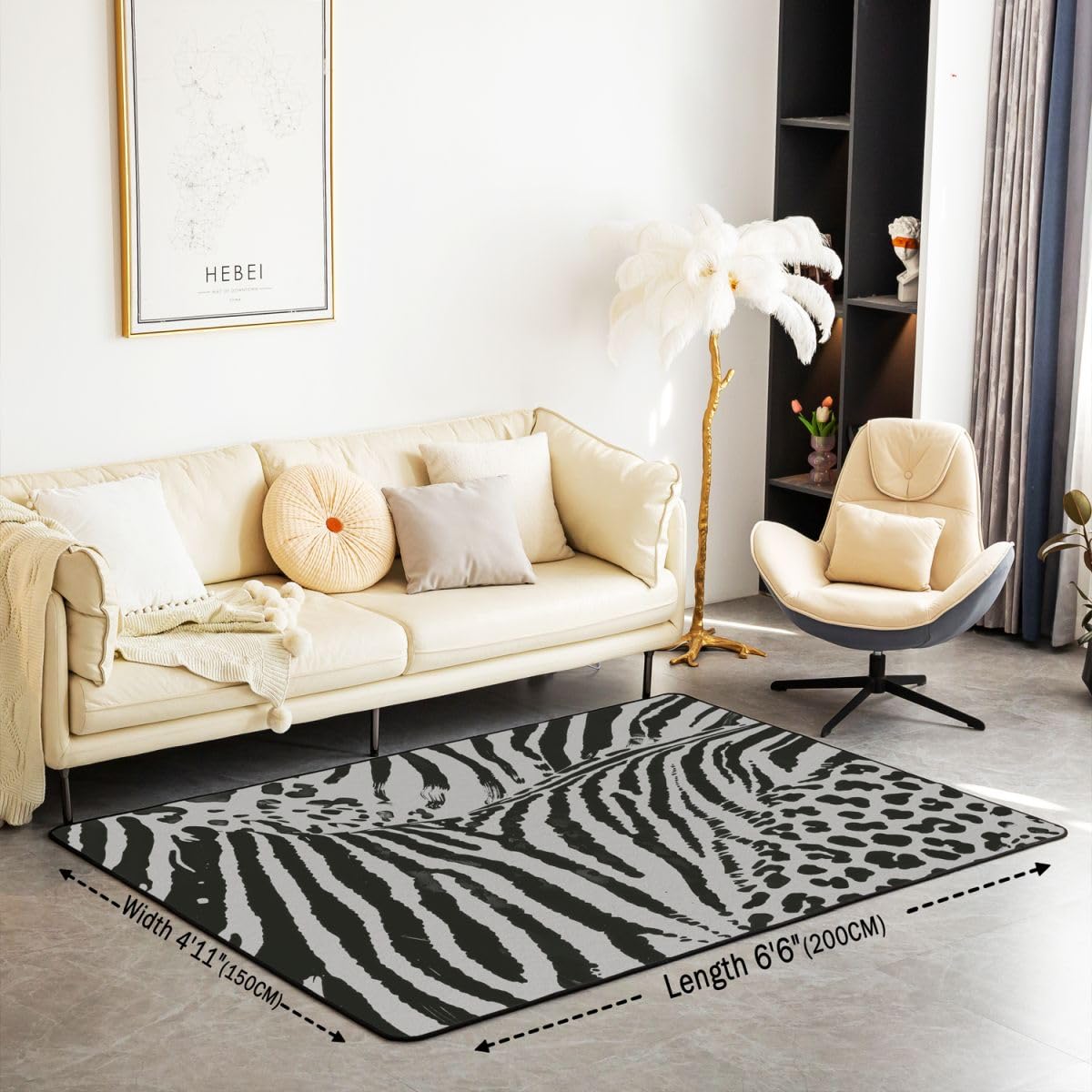 Homewish Zebra dywan z nadrukiem w panterkę 100 x 150 cm do sypialni - gepard, zebra, paski, dywany do salonu, szary, czarny, estetyczny nadruk zwierzęcy, niegubiący dywan, neutralne geometryczne
