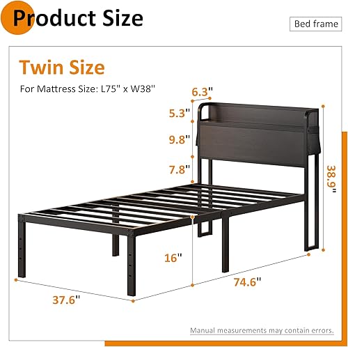 Miniatura 41 de Base de cama individual con cabecero, marcos de cama individual de 14 pulgadas, no necesita somier, soporta hasta 2500 libras, sin ruido, fácil de
