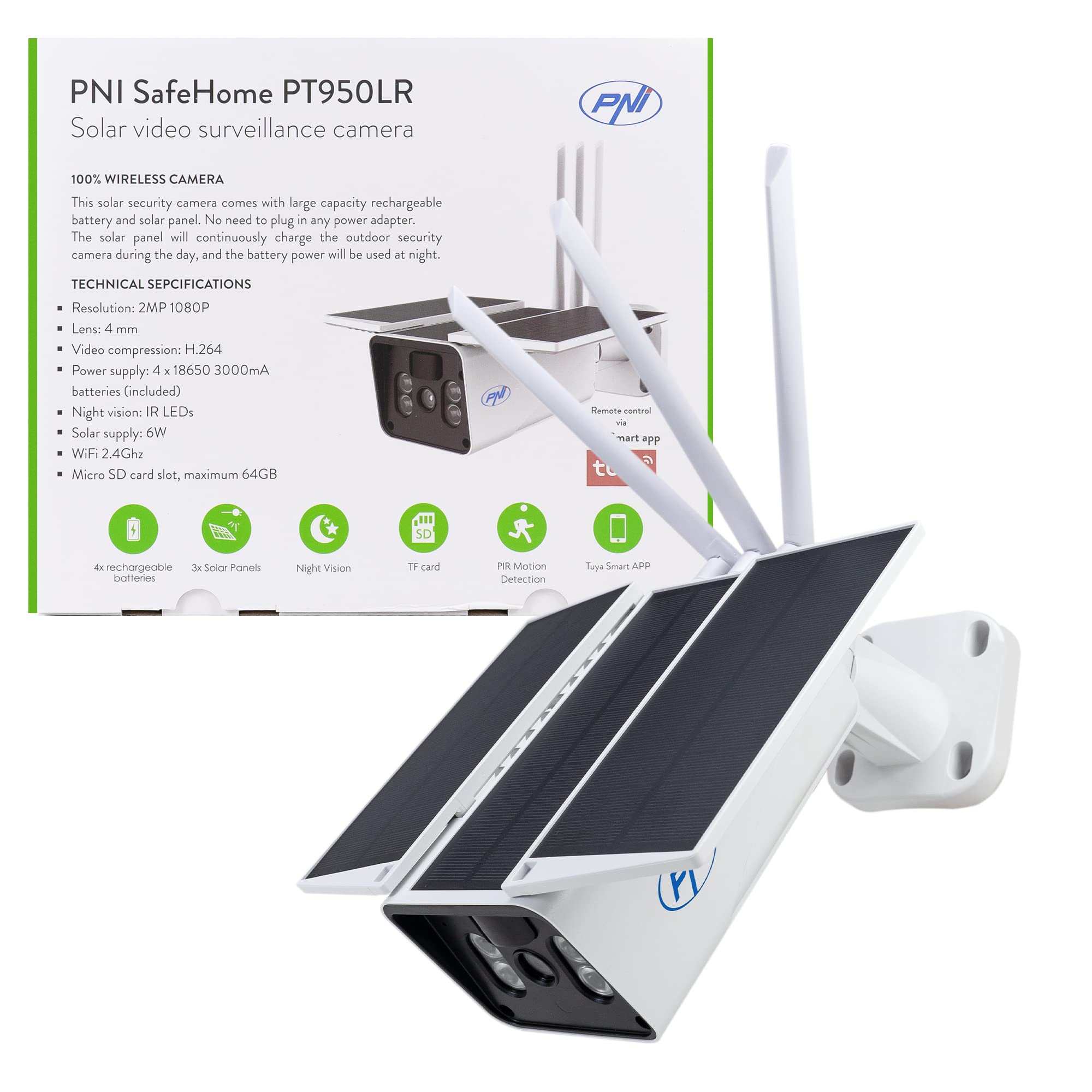 PNI Telecamera di videosorveglianza SafeHome PT950LR 1080P 2MP con pannello solare 6W, WiFi, batteria