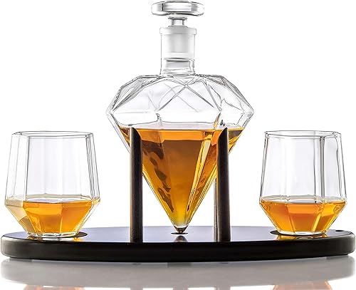 Miniatura 5 de Decantador de whisky en forma de diamante con 2 vasos de diamante y soporte de madera de caoba, elegante decantador de vidrio hecho a mano para