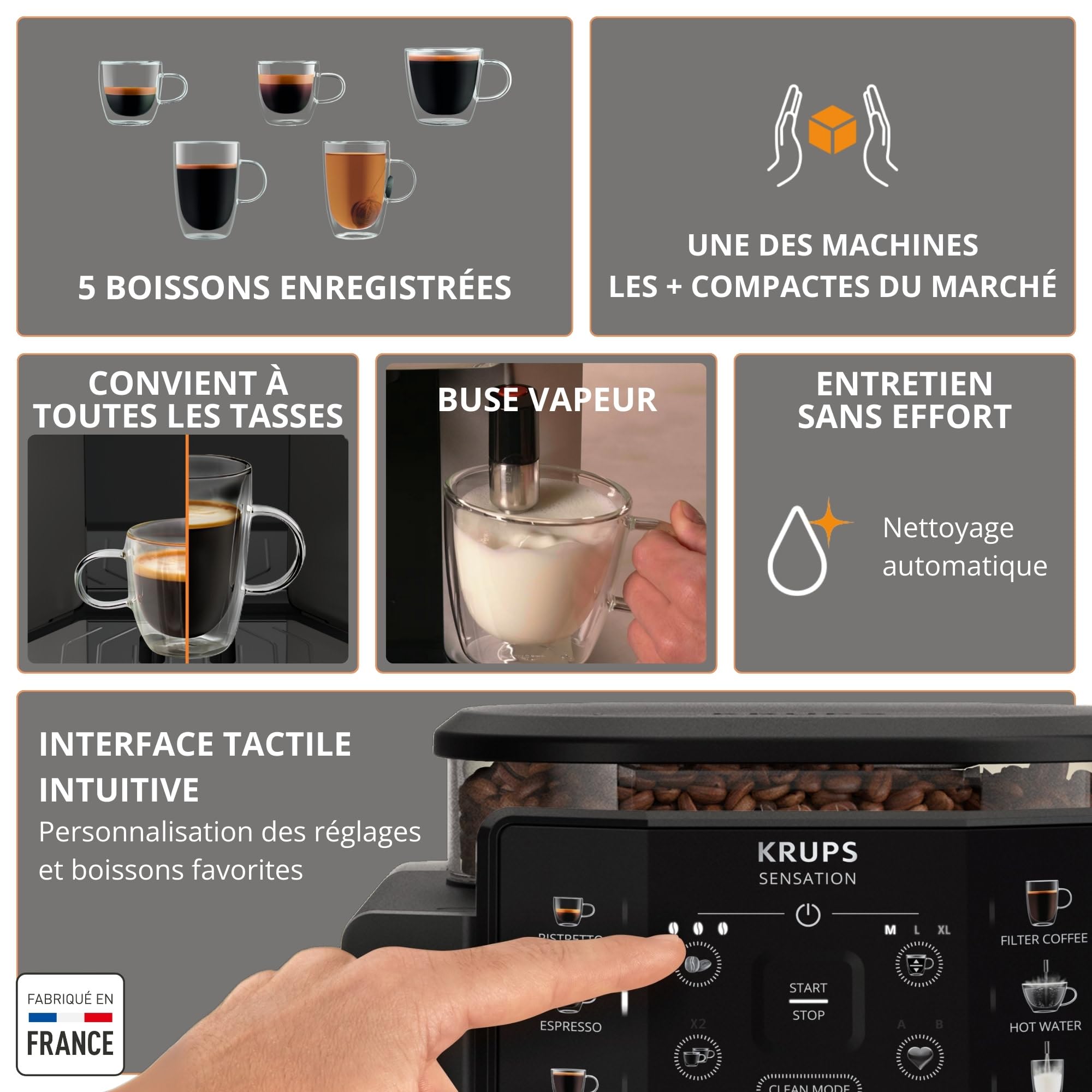 Krups Sensation C50, Machine à café grains, Expresso automatique, 5 boissons, Interface tactile, Facile à utiliser, Nettoyage automatique, Buse vapeur Cappuccino, EA910810