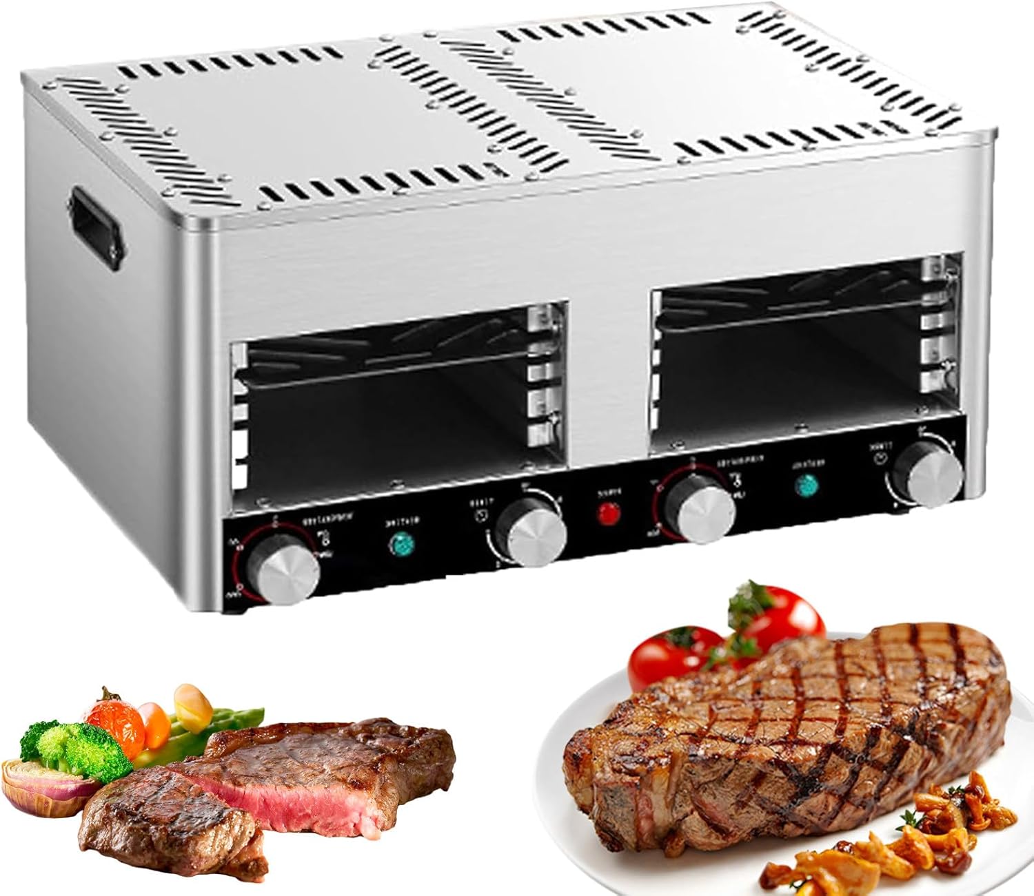 Electric Steak Broiler for Indoor Use, Time Temperature Adjustable, Comes with Broiler Tray and Grill, 800℃ Commercial Steak Stove for Cooking Steak, Pork,Chicken, Vegetables B