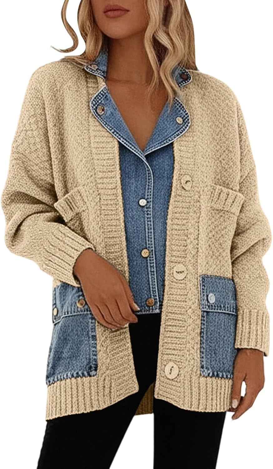 Women's Faux Two Piece Cardigan Sweater Knit Open Front Casual Loose Fit Fall Winter Top Soft Comfortable