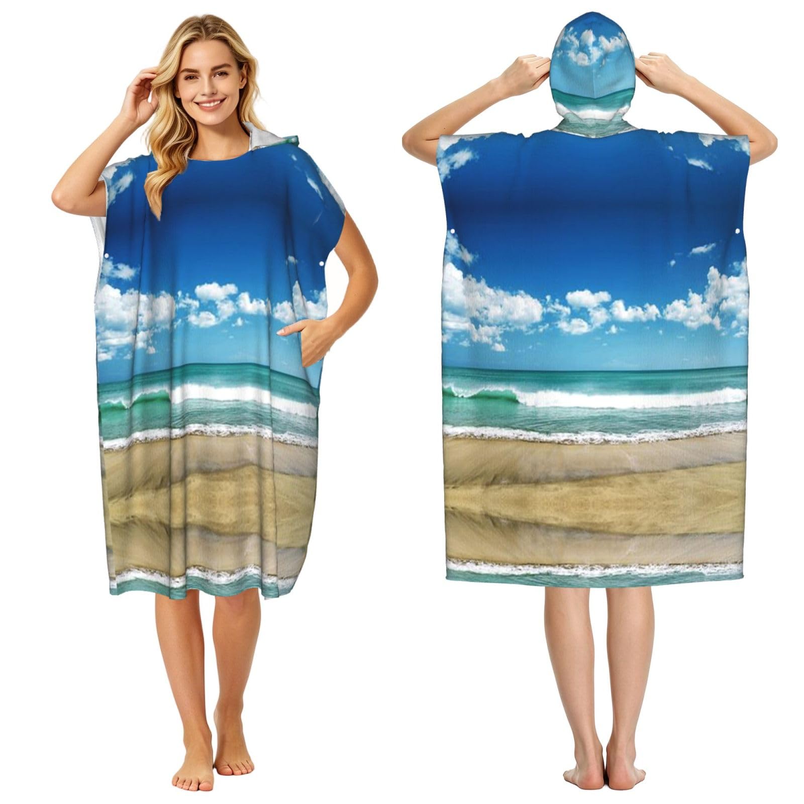 EZDLOWVBA Sandy Beach Print Hooded Poncho Microfiber Beach Towel,Adult Women & Men Changing Robe,Lightweight Summer Surf Swim Bath Poncho Towel