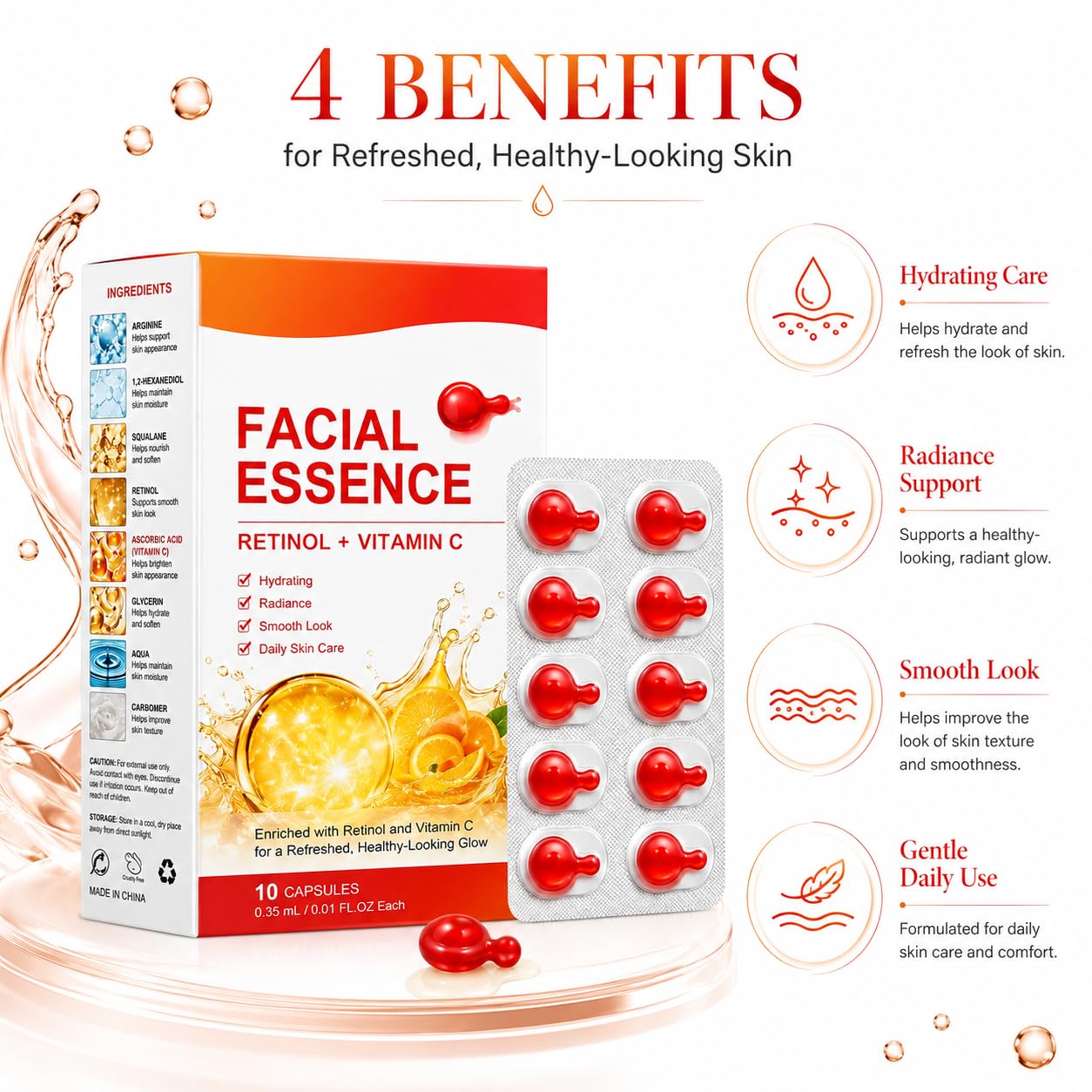 Cápsulas de esencia facial de retinol vitamina C, 40 tiras/4 cajas | Embalaje higiénico de una sola dosis