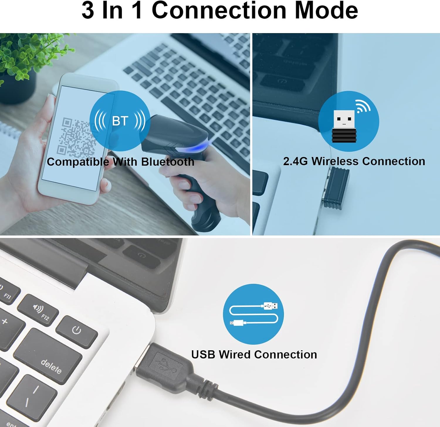 Bluetooth QR Barcode Scanner, PDF417 Rechargeable Code Scanner Wireless, Data Matrix 2D Barcode Rearder Cordless Connect Smart Phone, Tablet, PC, CCD Code Reader Work with Windows, Mac,Android