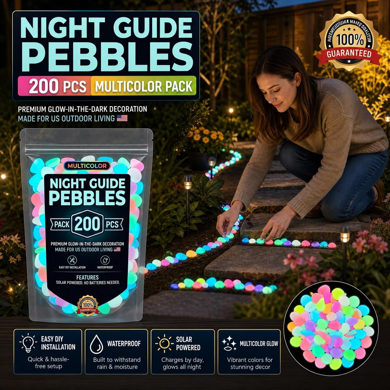 200 Pcs Glow in the Dark Rocks, DIY Stepping Stone Kit,1cm Mini Multi-Resin Colored Luminous Stones for Aquarium Rocks, Glowing Rocks for Fish Tank, Garden Walkway and Yard Landscaping