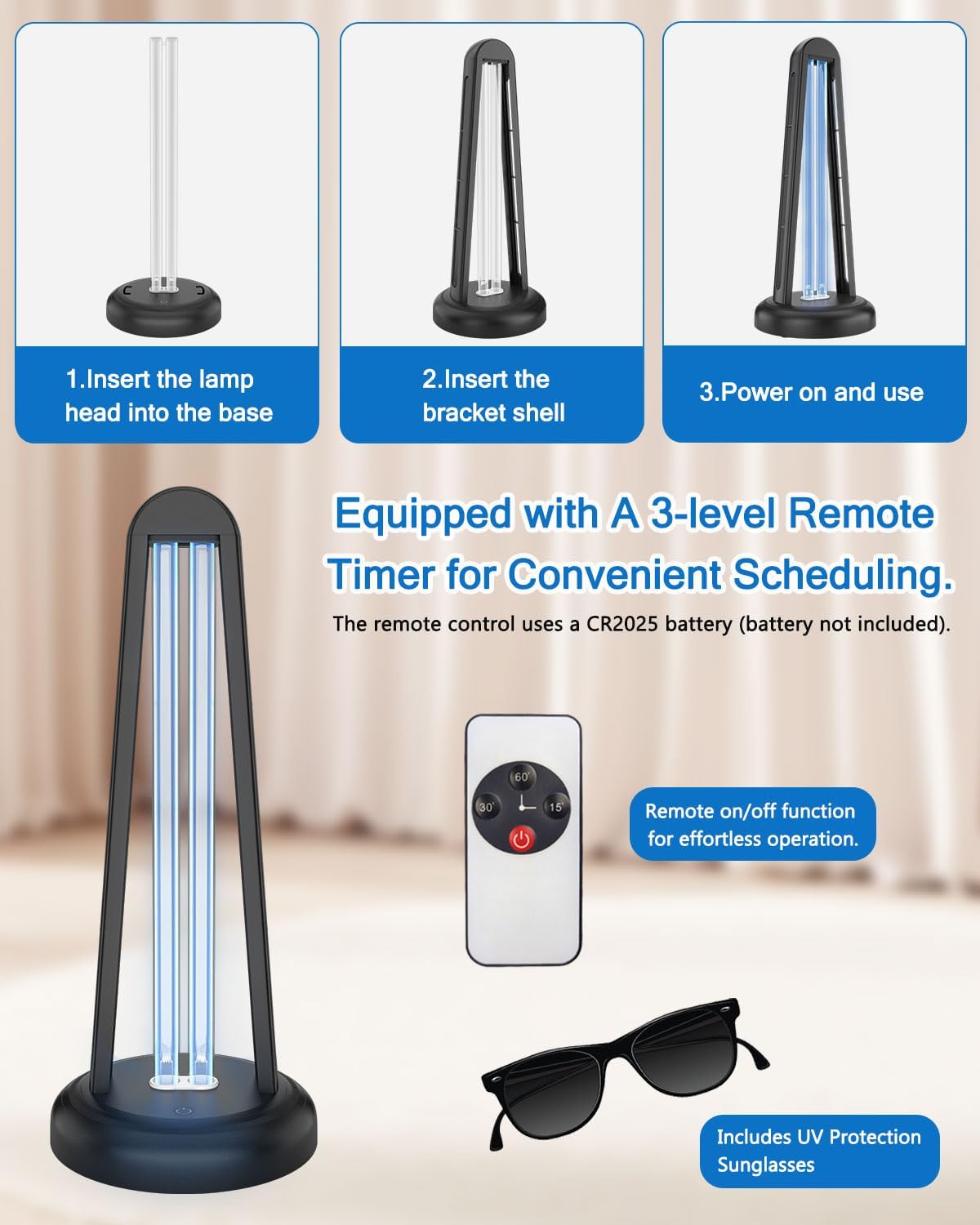 UV Light Sanitizer Lamp, 38W UV Light Purifier Device,UVC Home Disinfection Lamp for Clean & Fresh Home, Office, Commercial Areas with Remote Control, Black